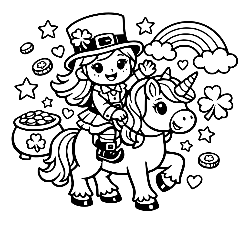 Square coloring book page that is black and white with a cute friendly leprechaun. She is riding a unicorn. Fill the whole page with great detail. Simple art bold and easy cartoon style.