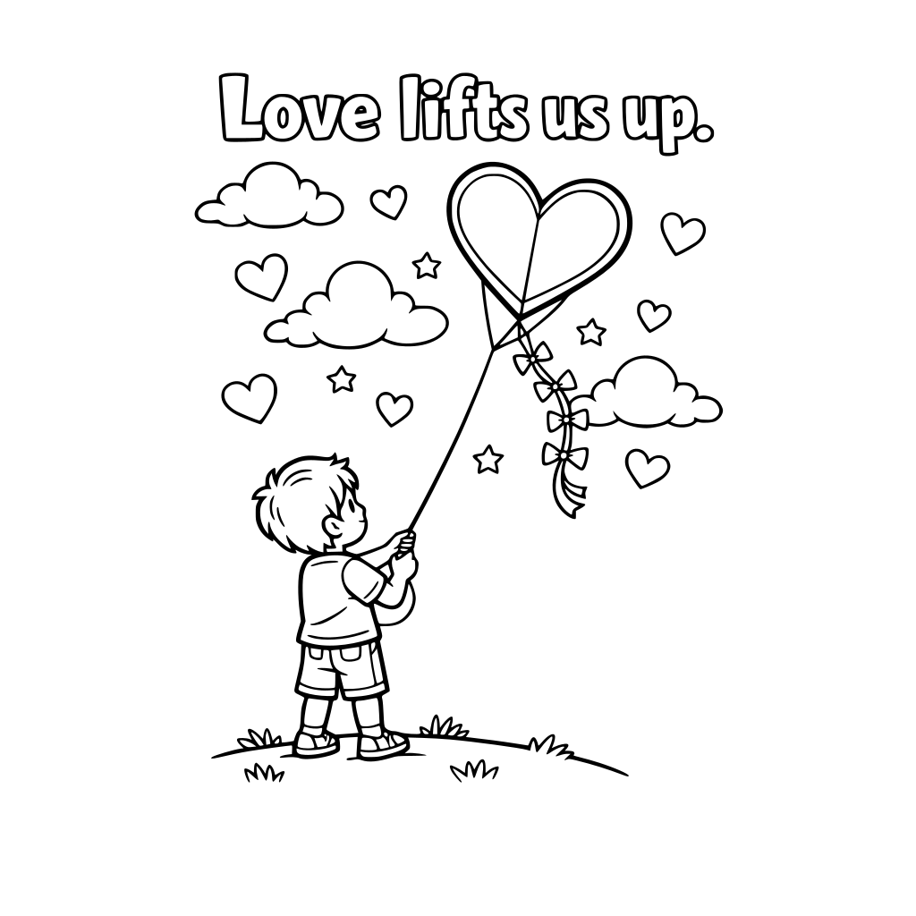 A child flying a heart-shaped kite. Big text: Love lifts us up." Clouds and hearts in the sky.