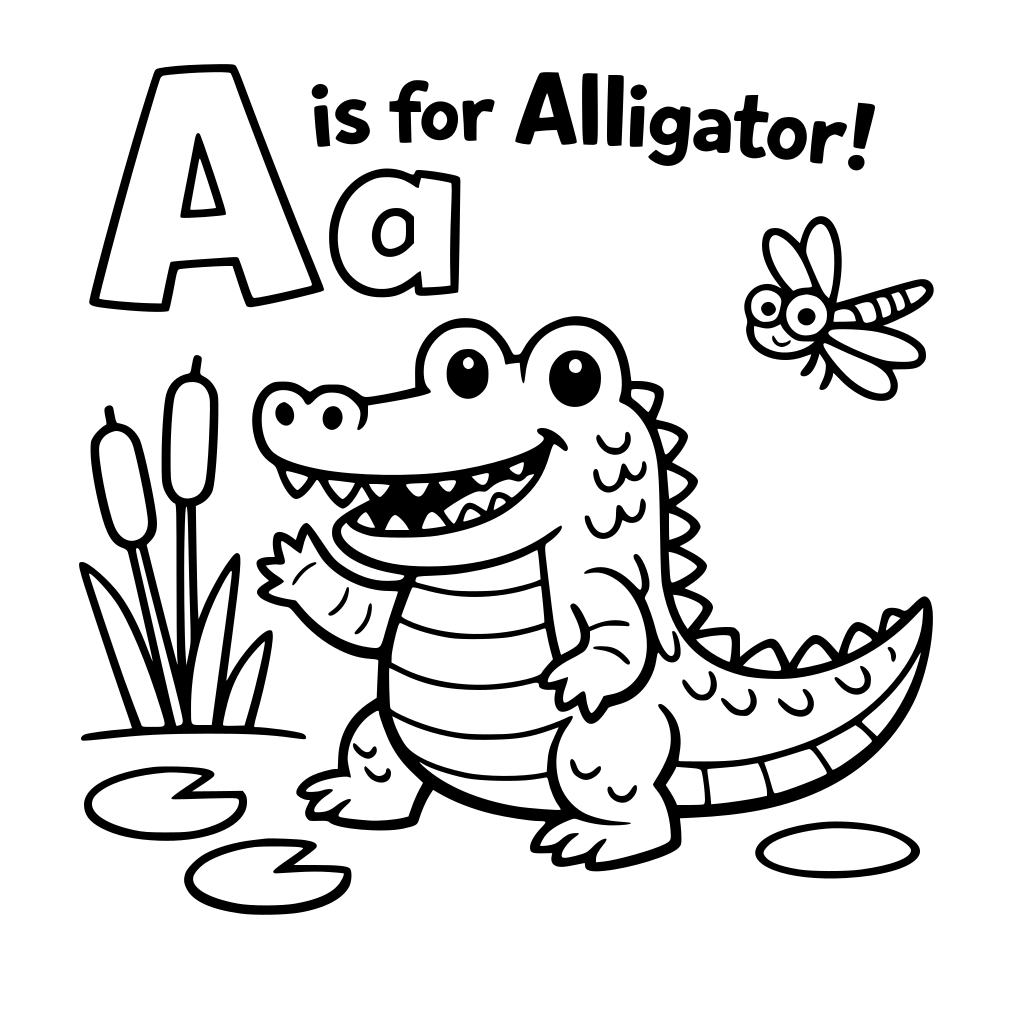 Create a colouring book for children aged 3-6, make it bold and exciting and it can be about learning the alphabet