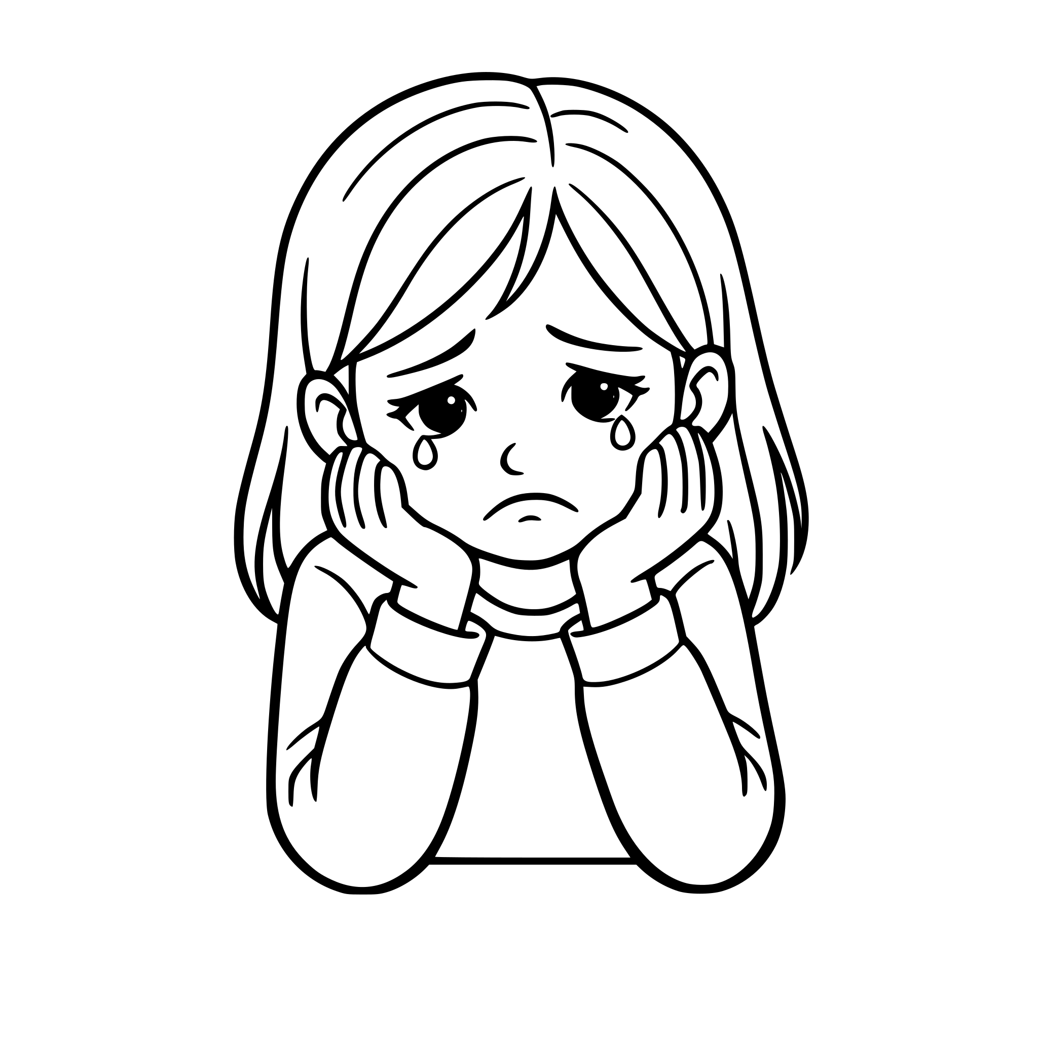 Create an image of a very sad girl. Make her look real. White background, isolated.