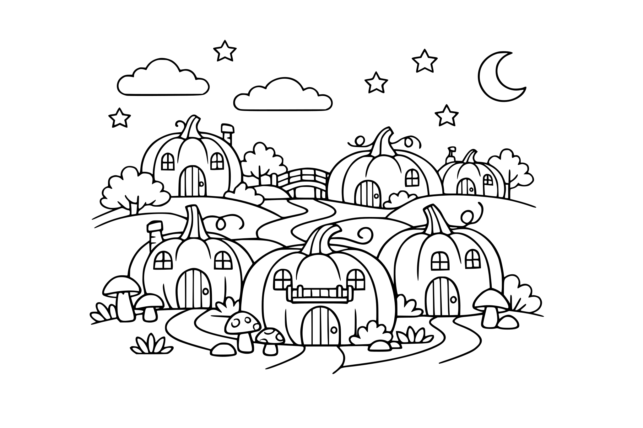 Pumpkin house village, minimalistic line.