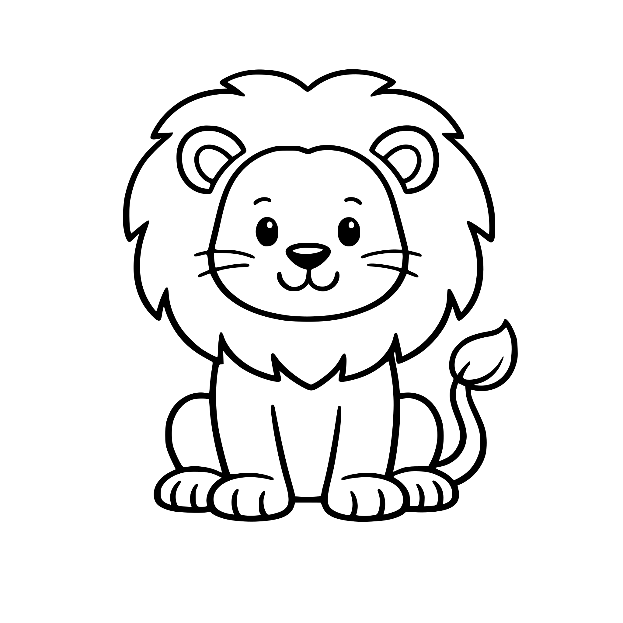 Simple black and white coloring page of a lion, clean bold outline, no shading, kids coloring book style, centered, white background