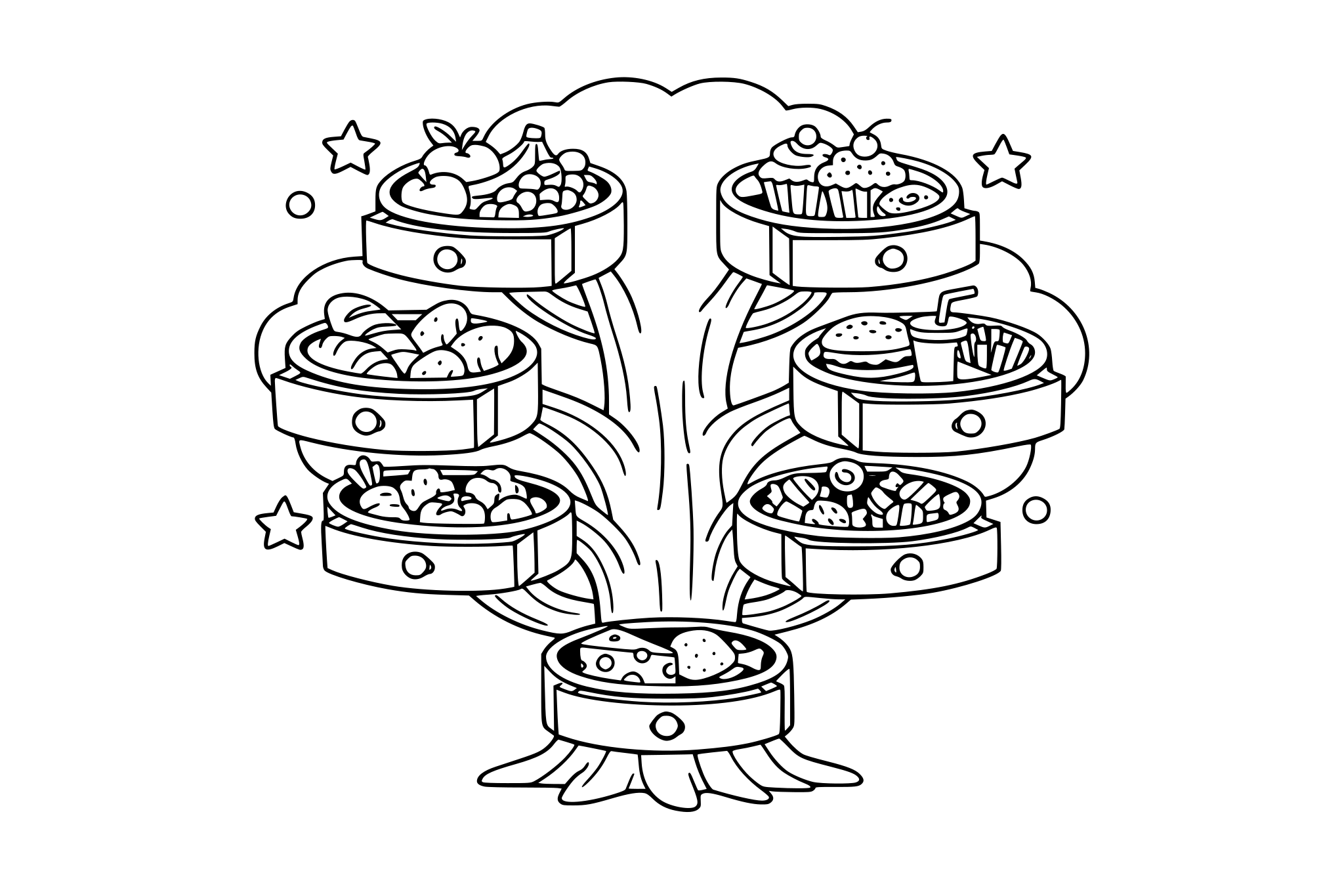 A tree with drawers instead of branches (filled with food). Keep rounded shapes + minimal line weight variation.
