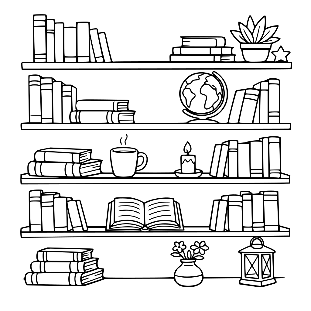 A cozy bookshelf with five shelves with different books both standing and laying down