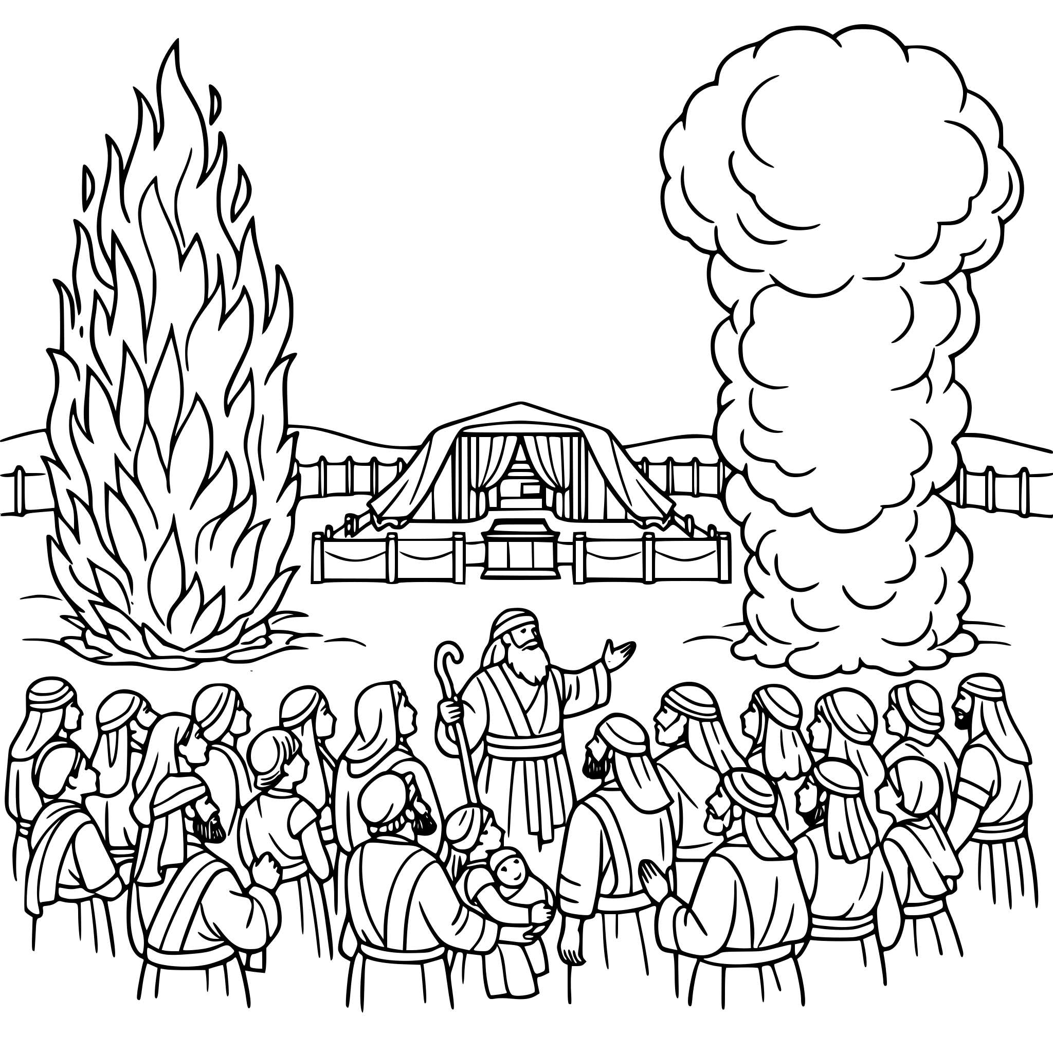 create a scene with the tent tabernacle in the background, a large pillar of a cloud in the foreground and a pillar of fire on the left of the page include a large group of isrealite people near the tent, the fire and the cloud