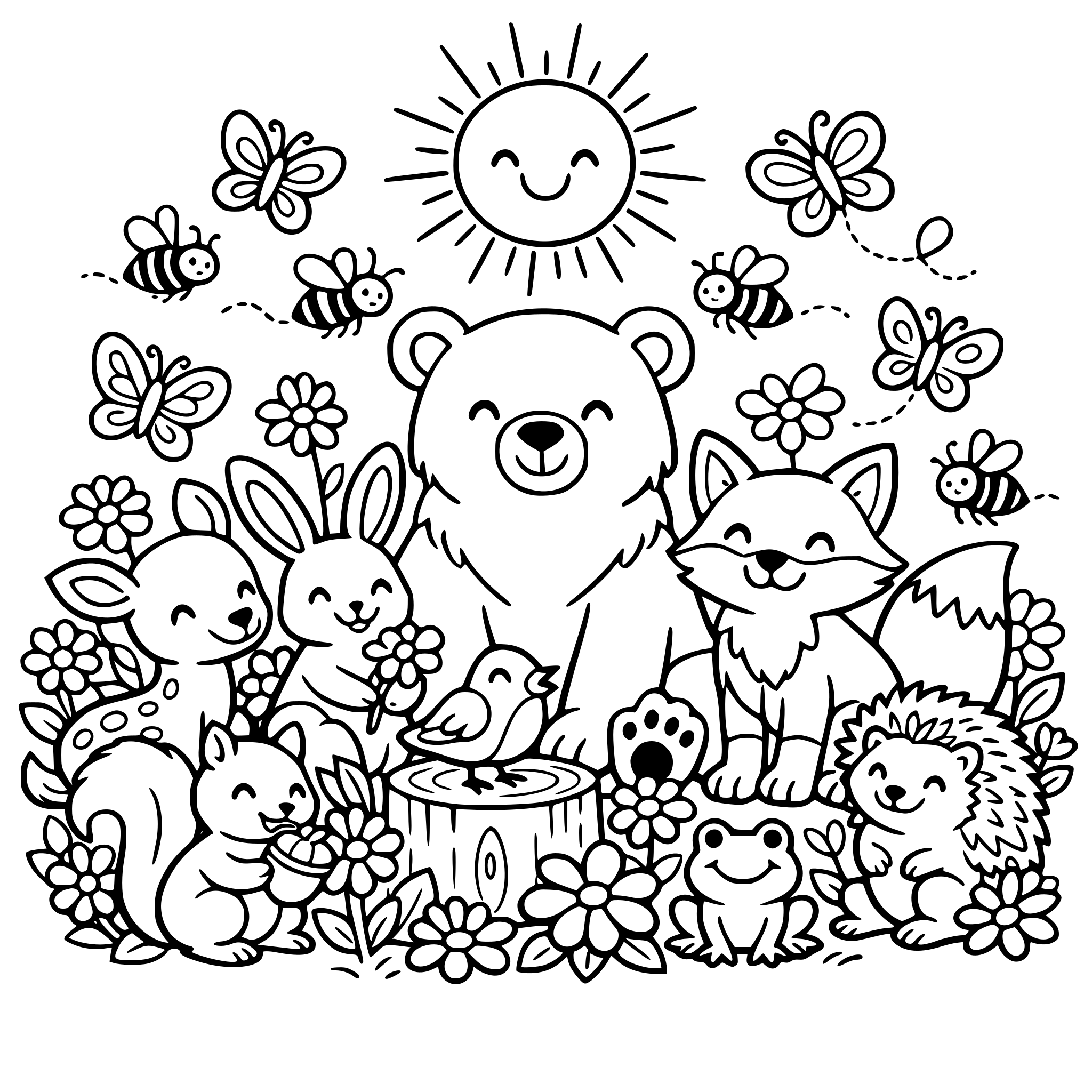 des animaux de la forêt réunis pour fêter le printemps avec pleins de fleurs, de papillons, d'abeilles et un soleil radieux