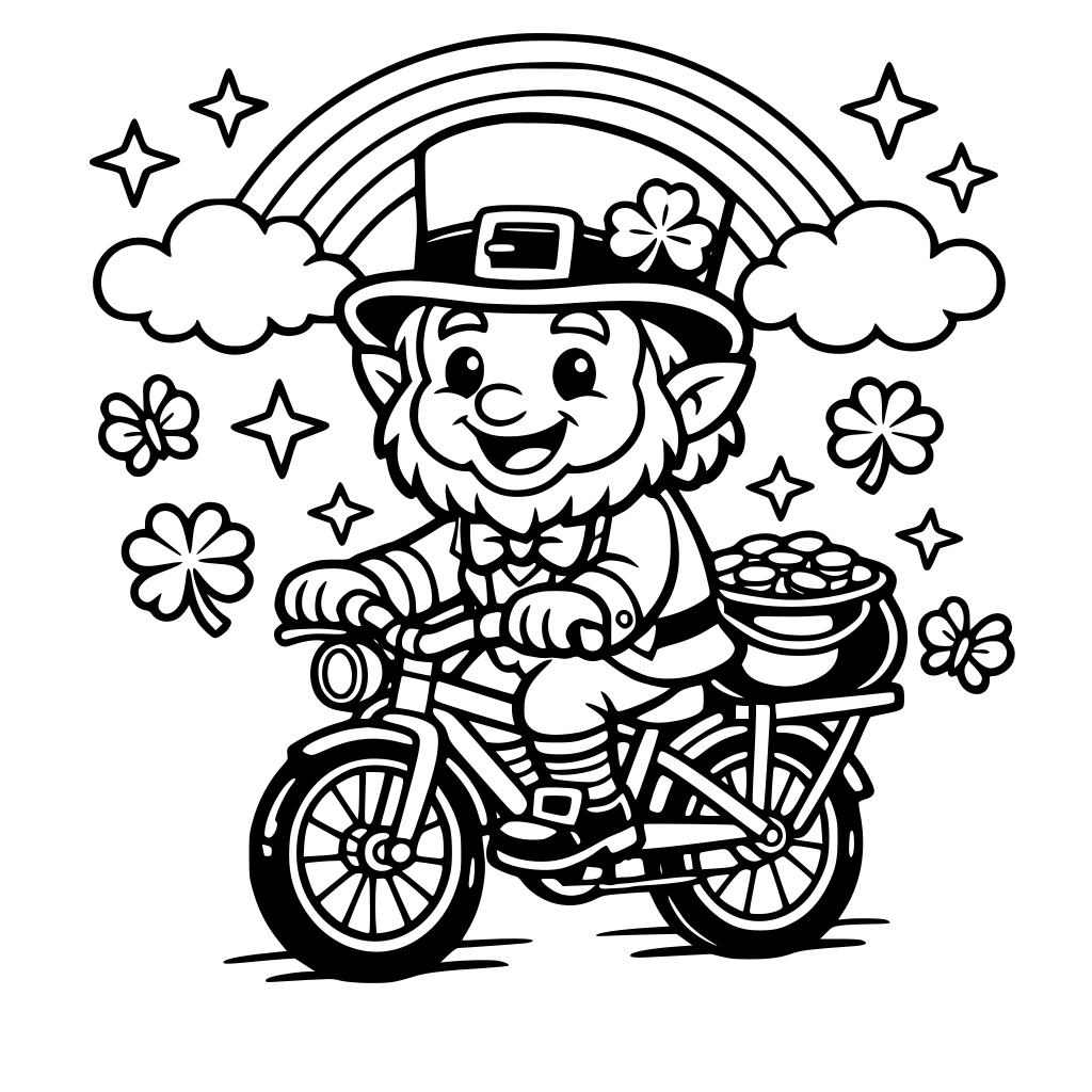 Square coloring book page that is black and white with a cute friendly leprechaun. He is riding a bicycle. Fill the whole page with great detail. Simple art bold and easy cartoon style.