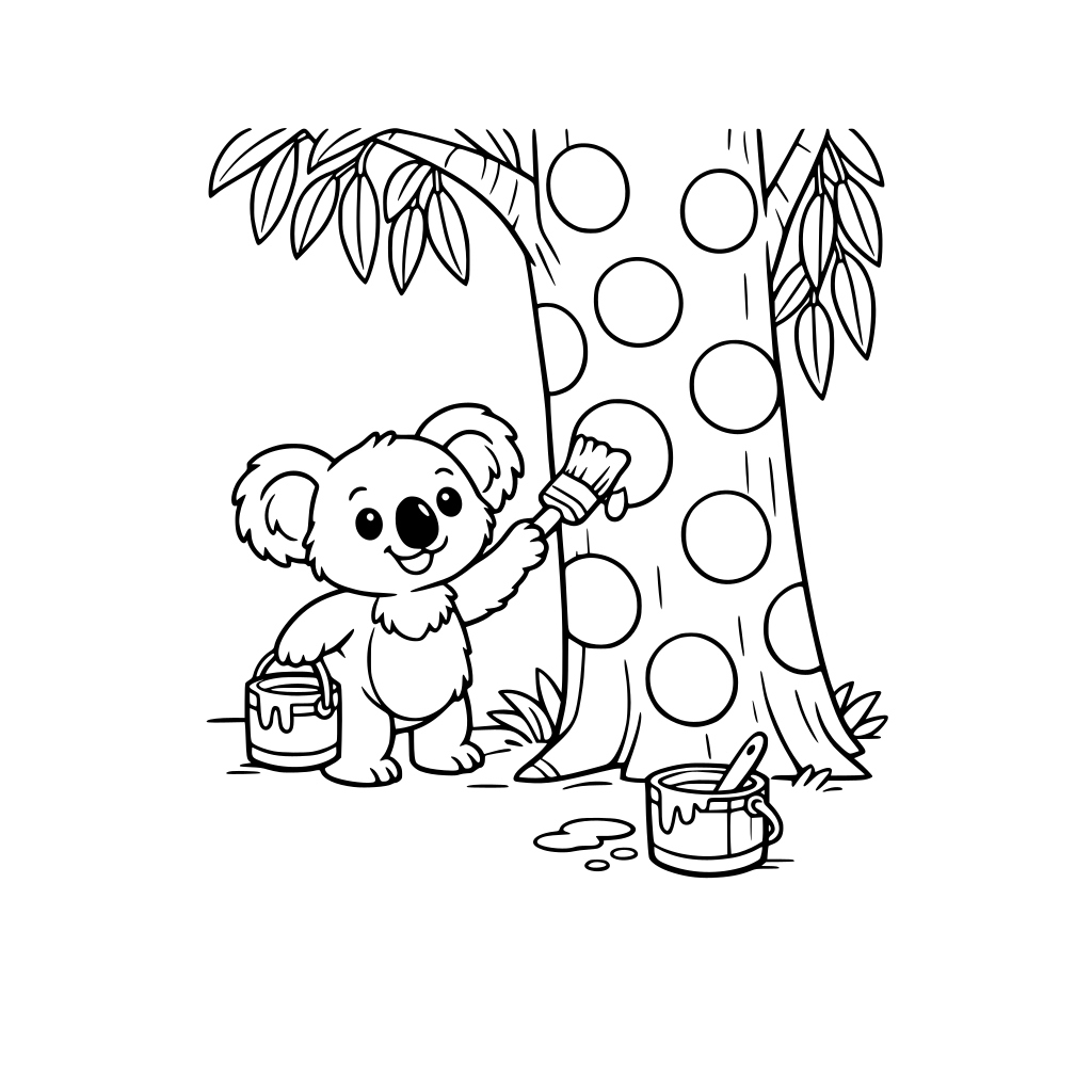 13. A koala painting big polka dots on a eucalyptus tree