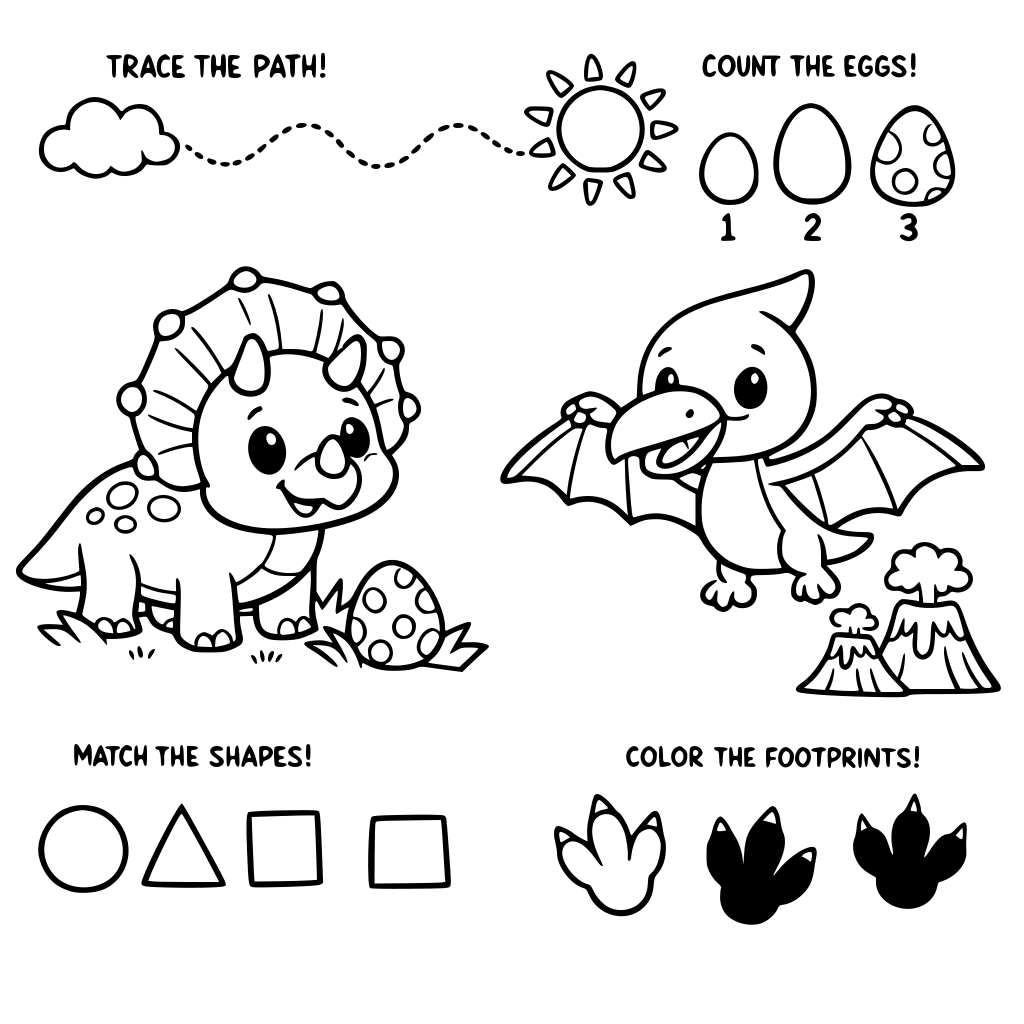 generate a coloring book for 3-6 yr old kids. pages should have dinosaurs images cure and interactive.
