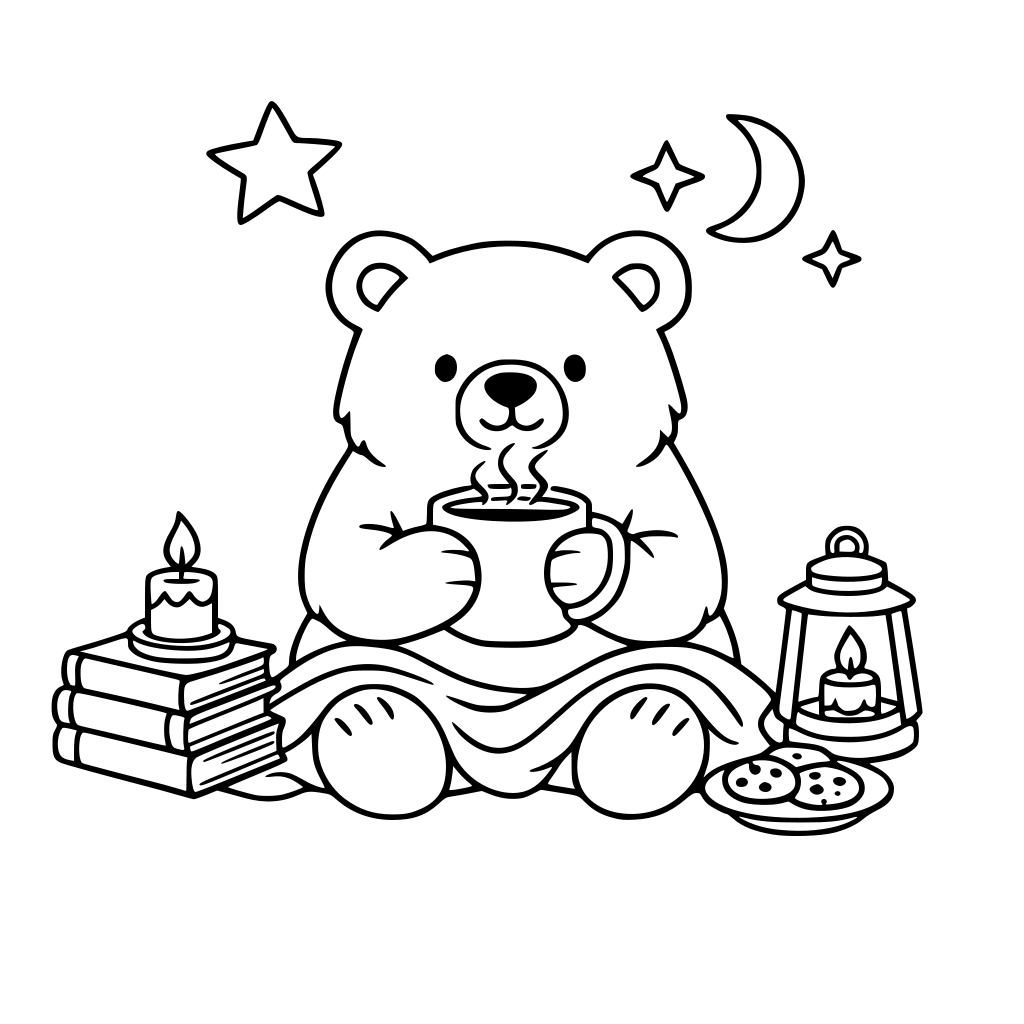 bear holding a cup in cozy space