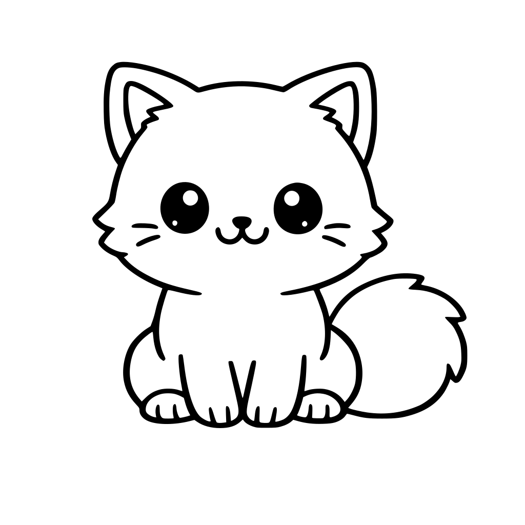 Cute kawaii cat coloring page for kids, simple thick black outlines, big round eyes, smiling face, sitting cat with fluffy tail, no color, no shading, white background, easy coloring page, printable, kid-friendly