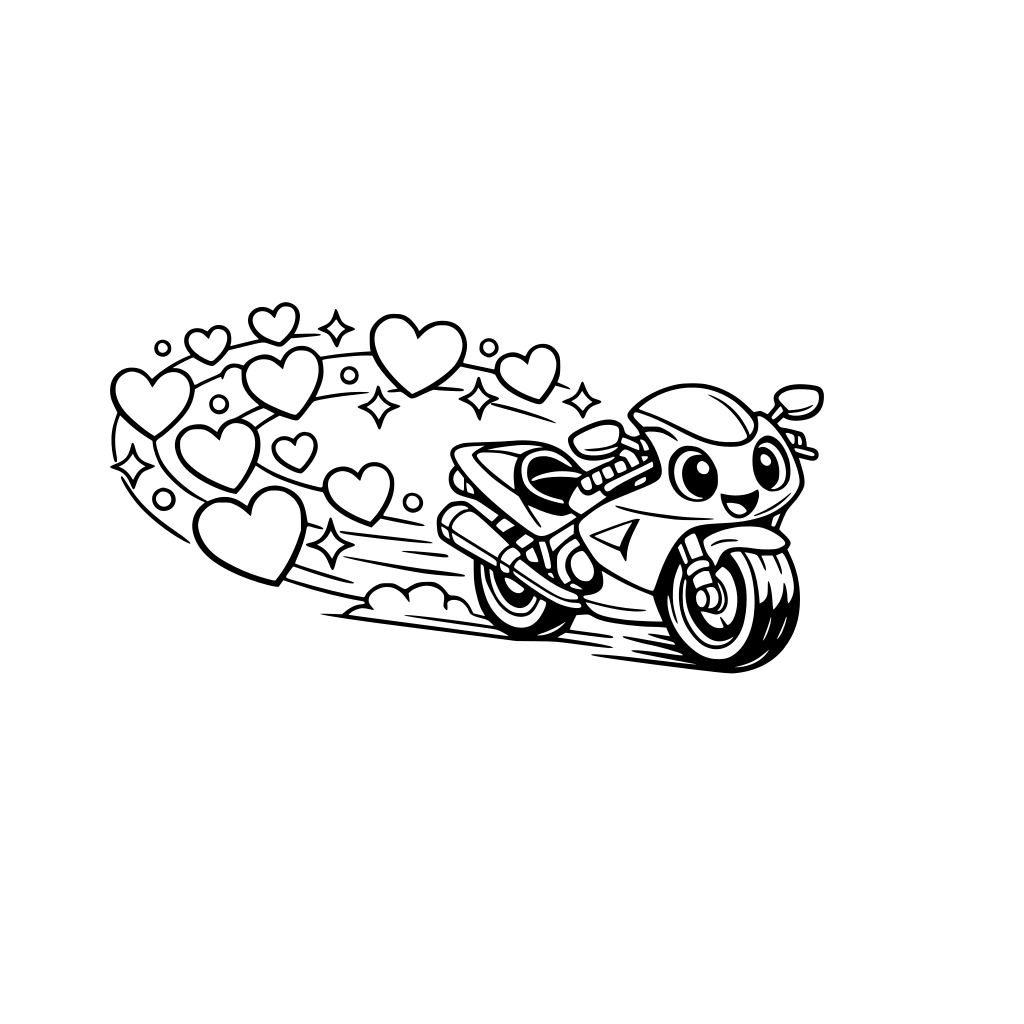 “Cute cartoon motorcycle zooming through a trail of glittery floating hearts, sense of motion, bold colors.”