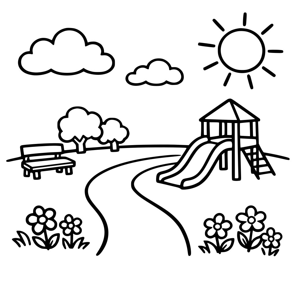 a simple park, with some flowers, cloud, sun, little playground, simple draw