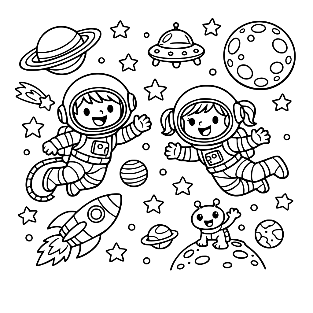 quiero unos dibujos de unos astronautas volando por el espacio, con aire infantil y el cielo llenos de estrellas y planetas