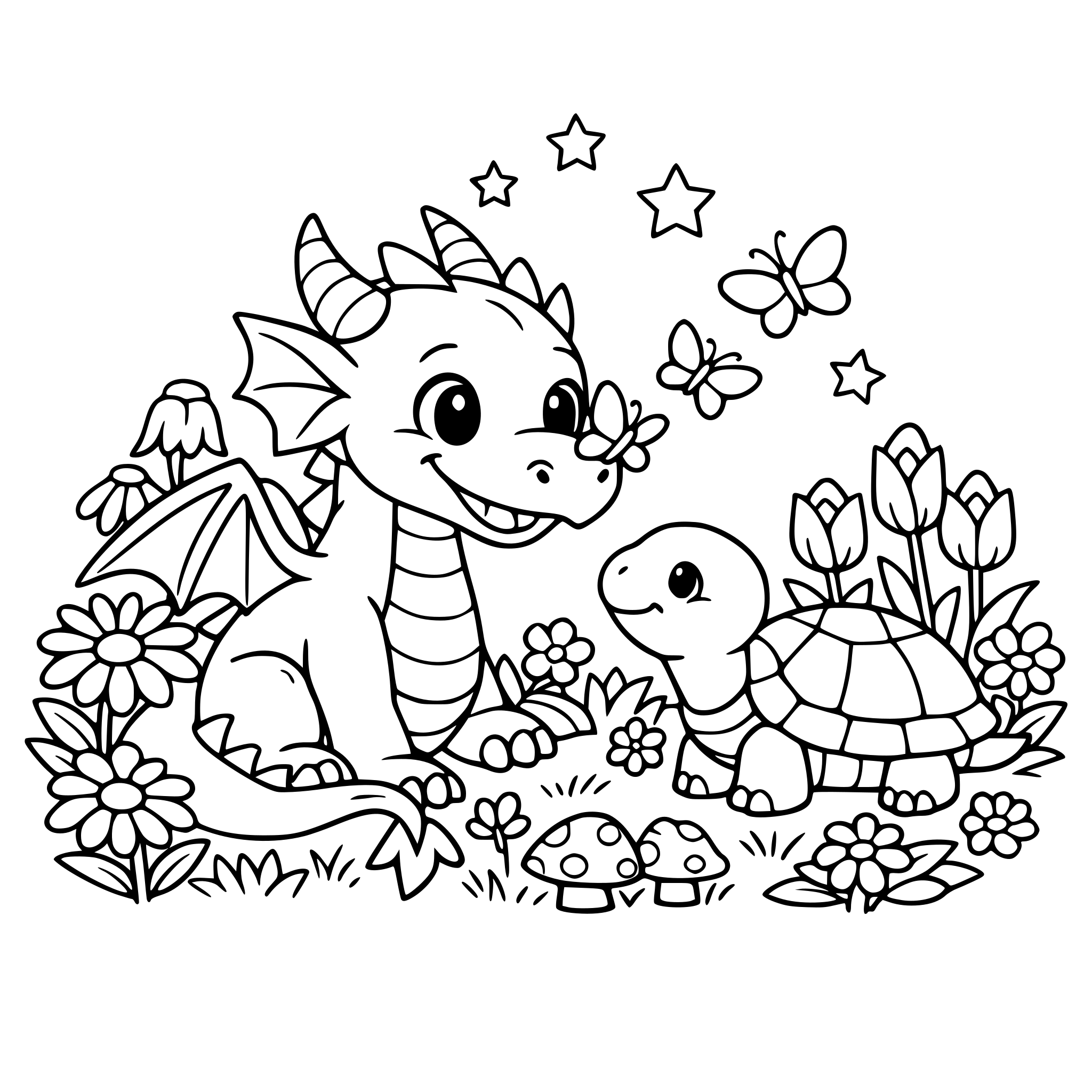 Un drago amichevole in un giardino fiorito con una tartaruga gentile