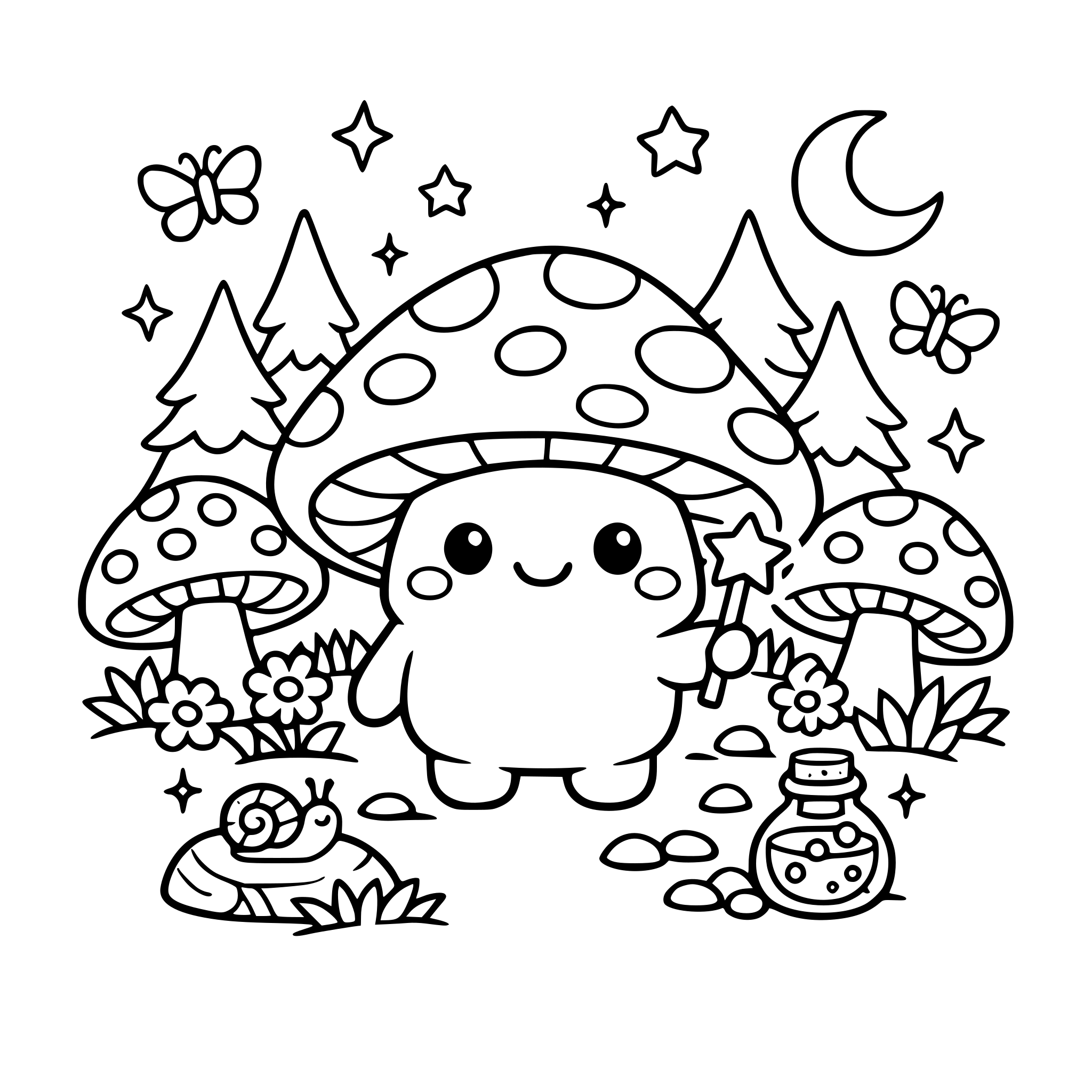 A cute mushroom character in a mystical, magical forest