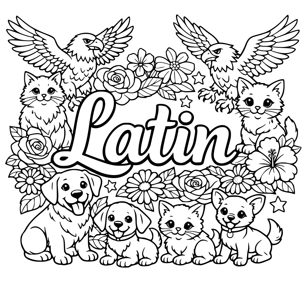 the word latin surrounded by cats dogs flowers and eagles