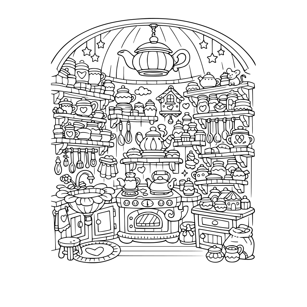 whimsical tiny kitchen inside a teapot house, with lots of shelves and cupboards overflowing with whimsical kitchen items and a whimsical sink, whimsical oven, whimsical stove