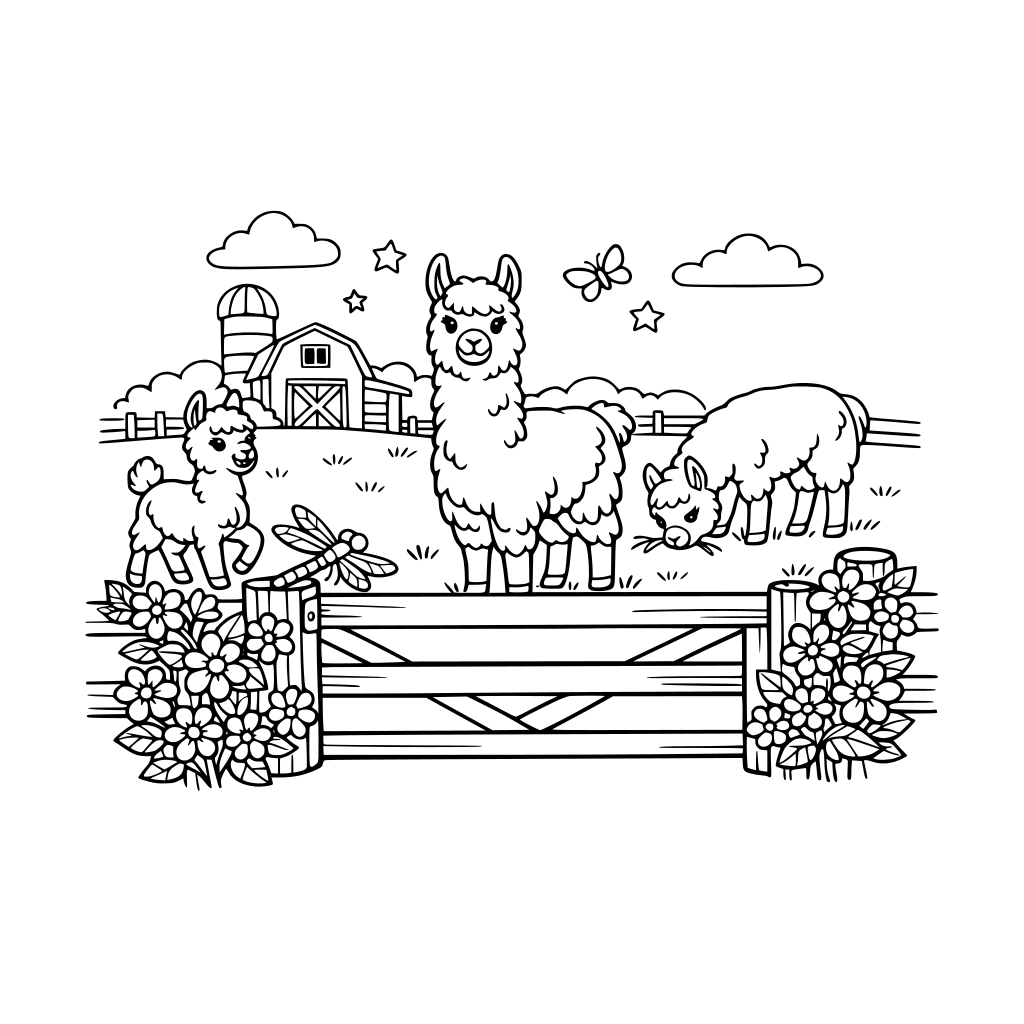 Lammas is playing in the gated pasture of a farm. Flowers are along the gate and dagonfly perched on the gate.