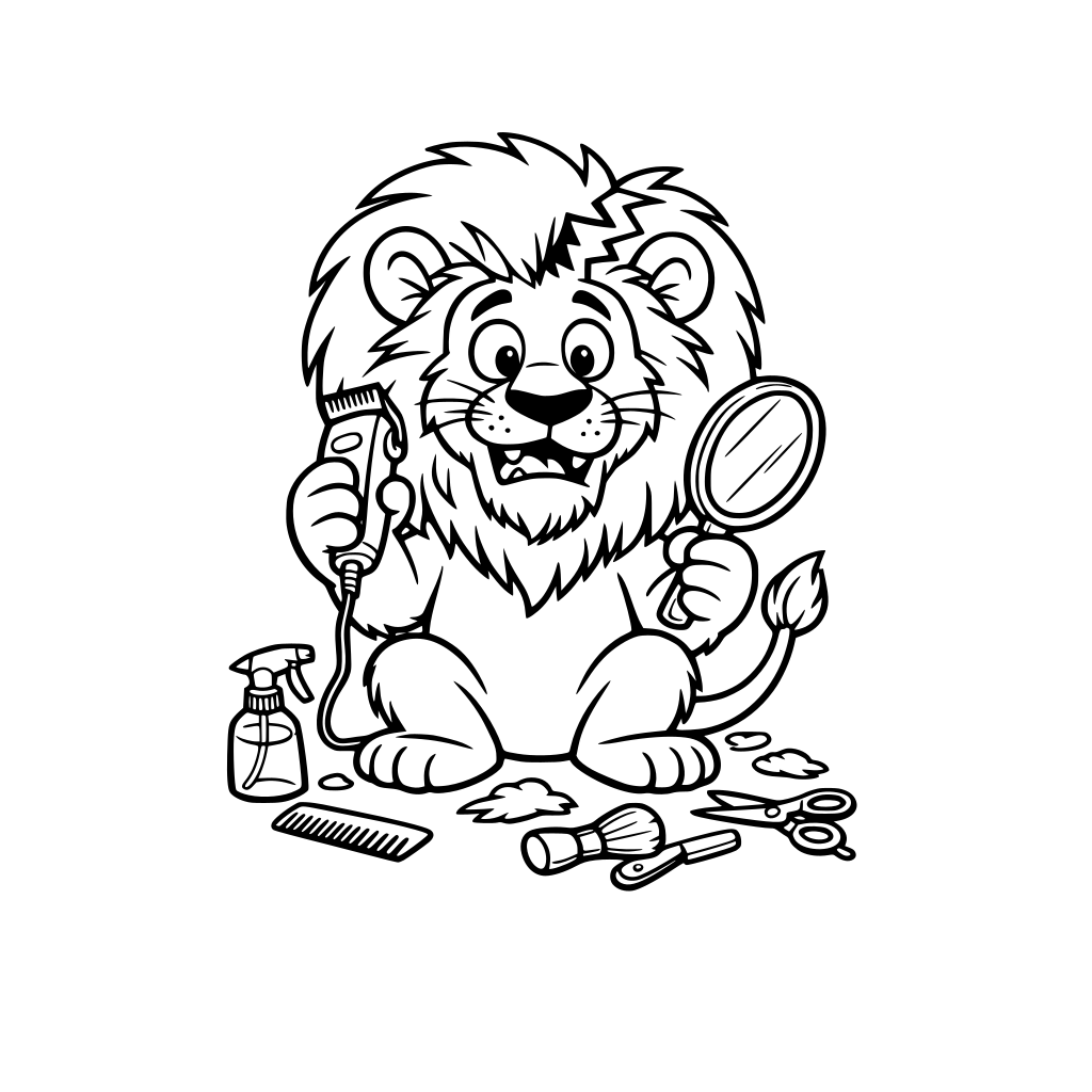 A funny lion who tried being a barber and accidentally shaved a zigzag stripe into his own mane.