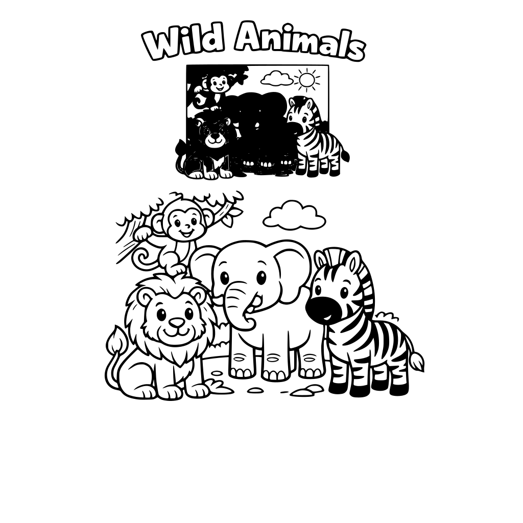 geanerate a wlid animals coloring book in one page give name sample color image and outline black and white it big than color image