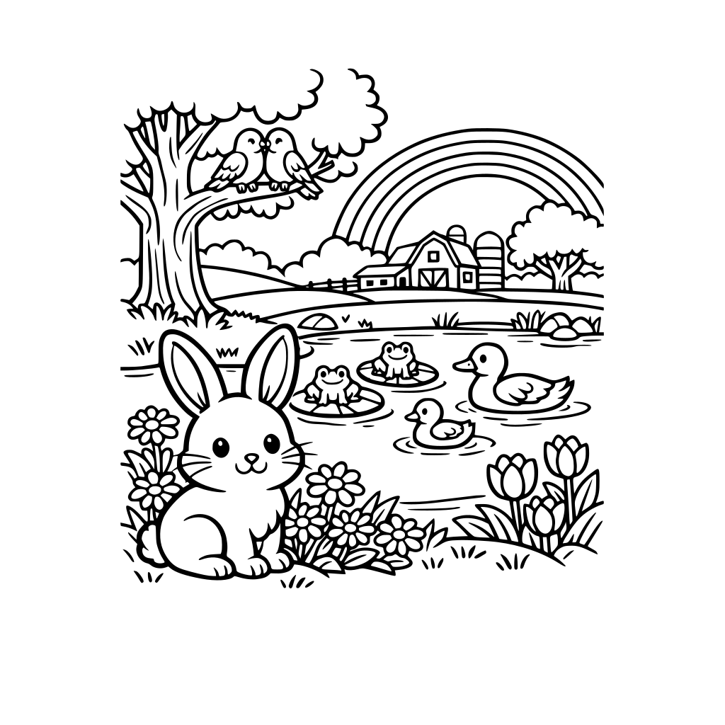 a bunny in a field of flowers next to a pond. The pond has some frogs and ducks on there are a tree in the back ground with some love birds also in the background are a farm house and a rainbow in the sky