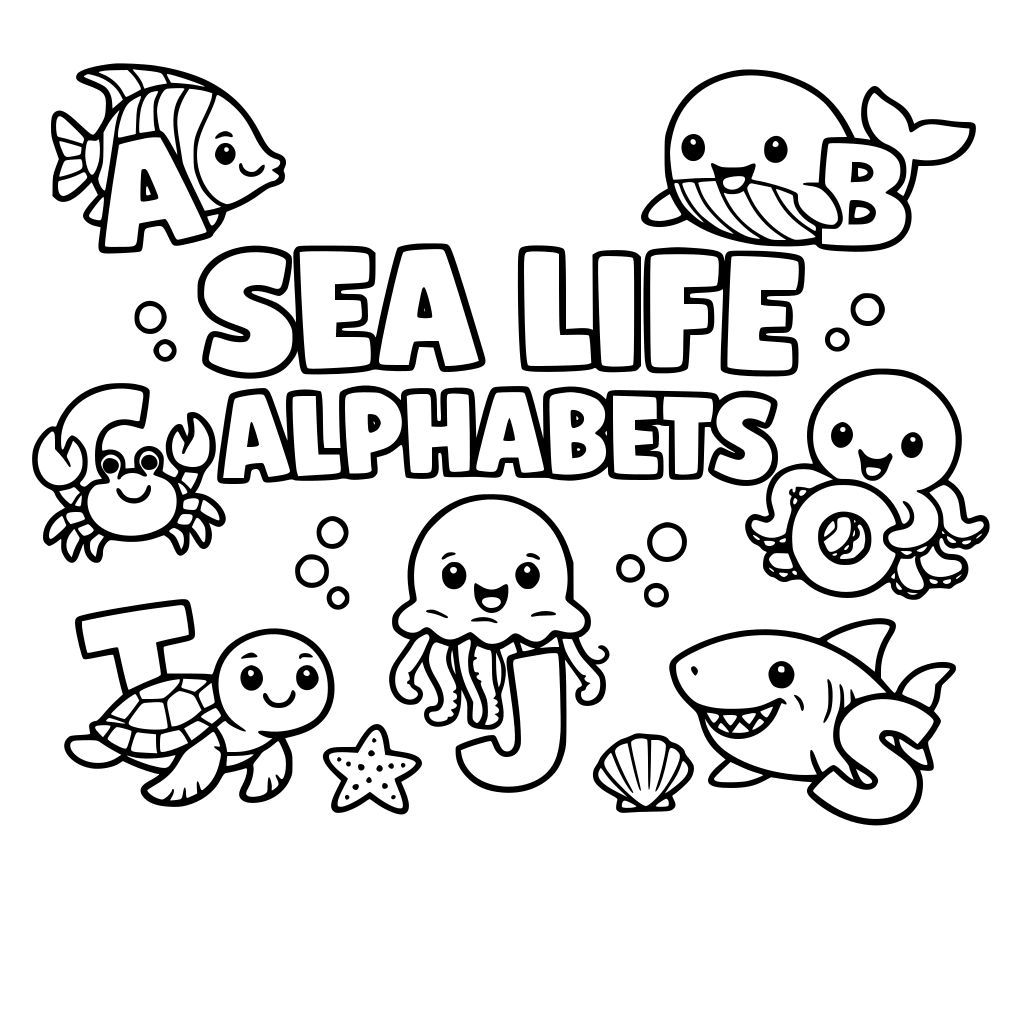 design me a color book cover for kids featuring sea life alphabets