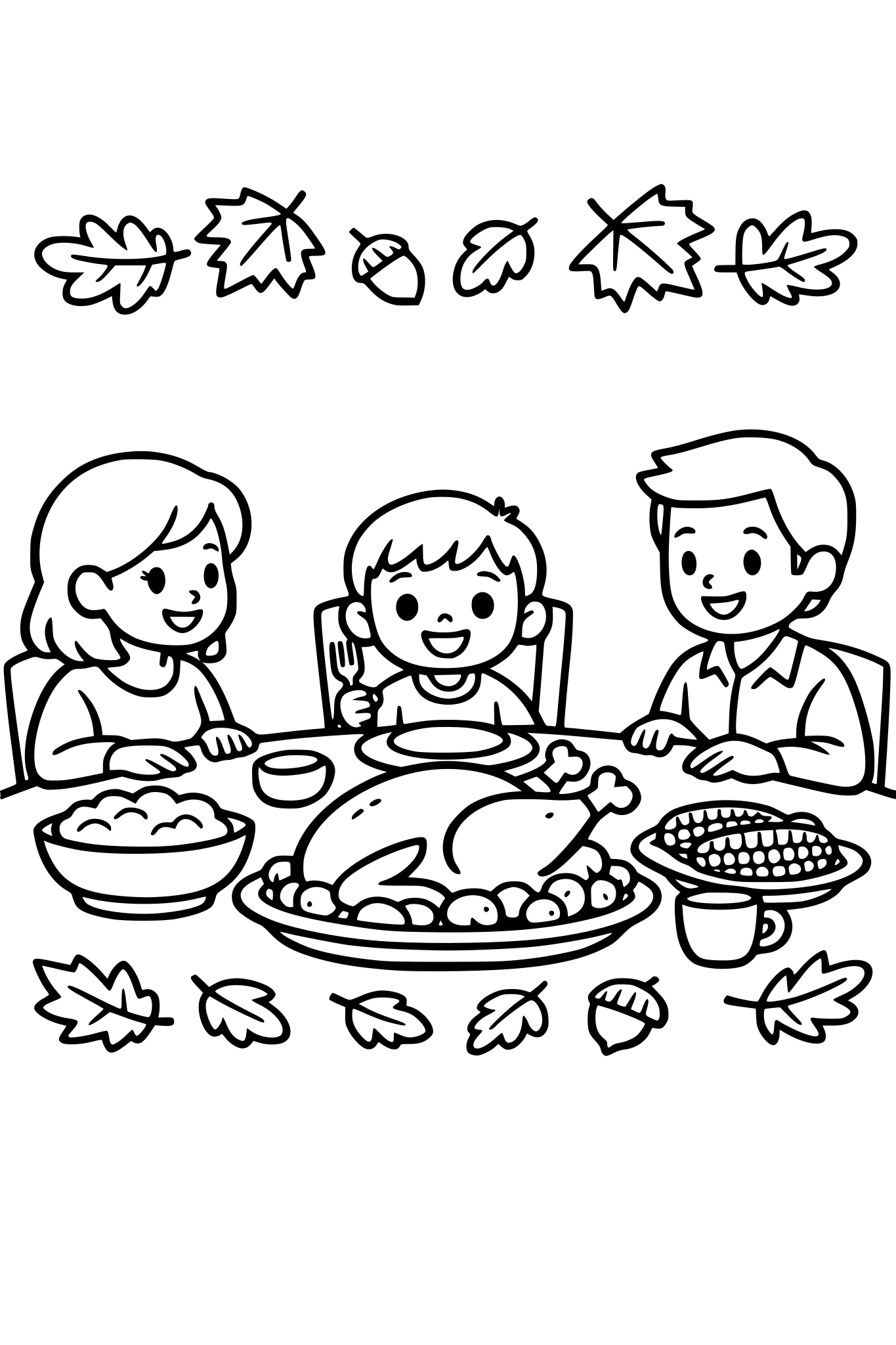 cute kids coloring page, child sitting at a dinner table with family and a big turkey in the center, leaves around, simple shapes, thick outlines in the house dining room