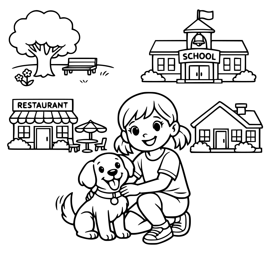 dog girl park school restaurant house
