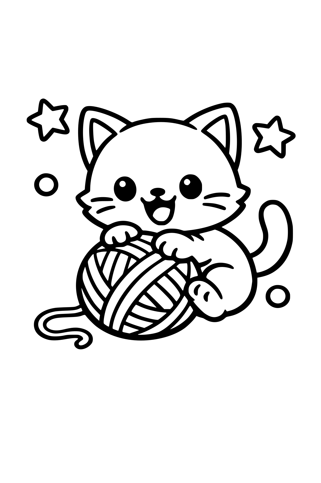 Happy kitten playing with a ball of yarn, simple lines, thick outline, toddler coloring page