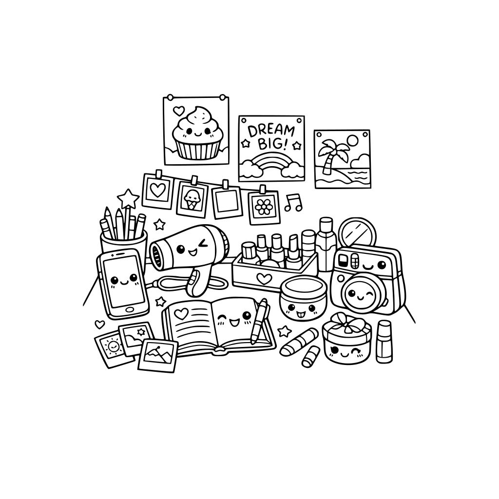 cute kawaii bedroom with desk, smartphone, hairdryer, journal, cosmetics, camera, polaroids and posters on wall. no animals. a few items with kawaii faces. do not repeat facial expressions.