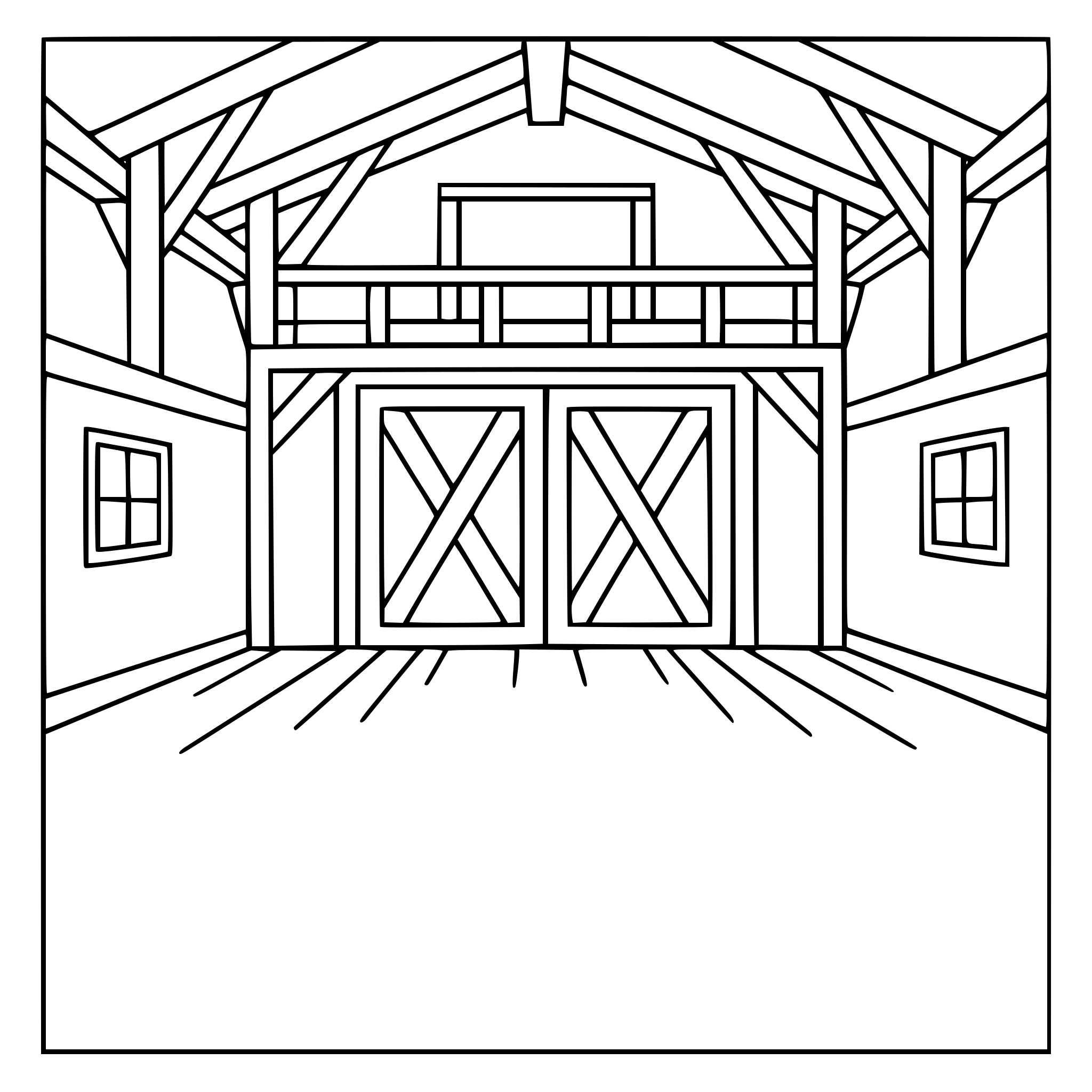 Empty barn liminal space, simple black and white line art, coloring book style, bold outlines, no shading.