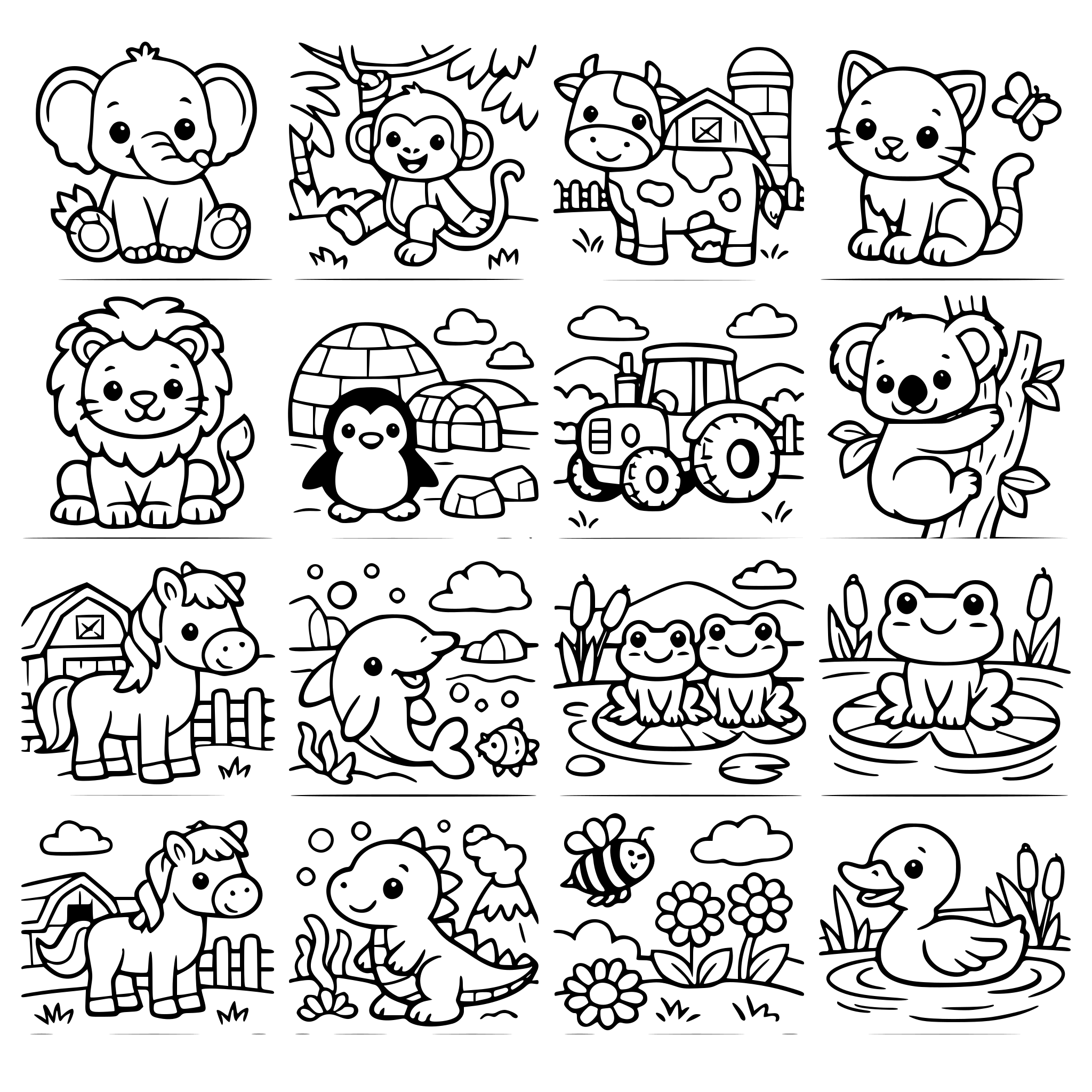 create a collection of 15 kids colouring book pages with cute animals, jungle scenes, farm animals style: black and white line art, thick bold outlines, simple shapes, large colouring spaces