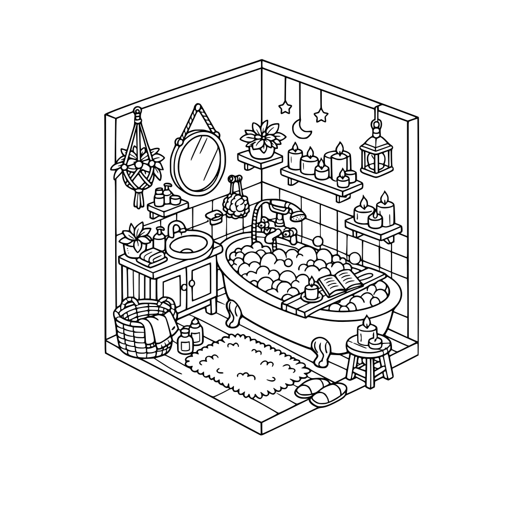 hygge style, cute and cozy, 3d isometric corner, bathroom with bubble bath