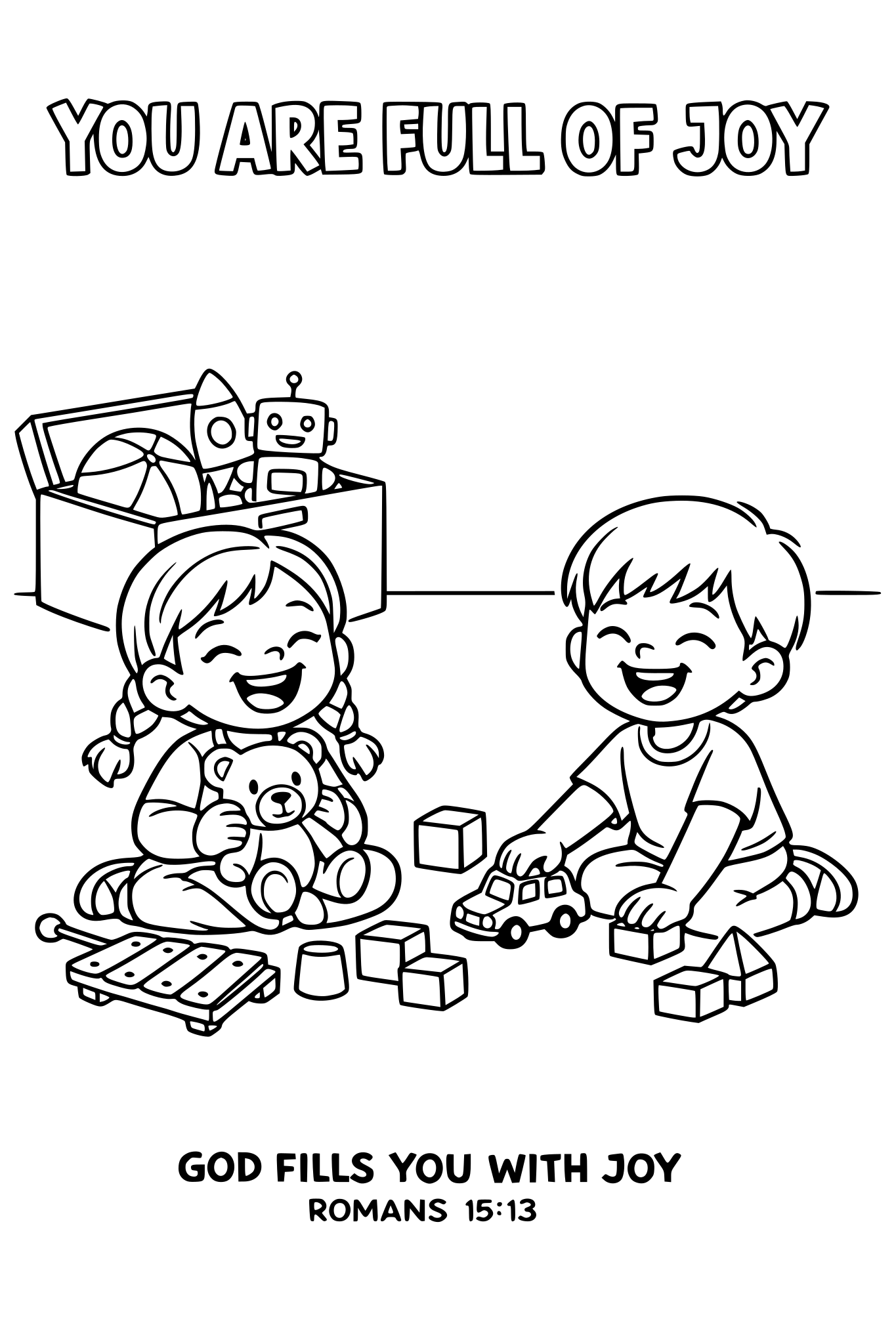 Black and white coloring page, simple kids line art, 2 child