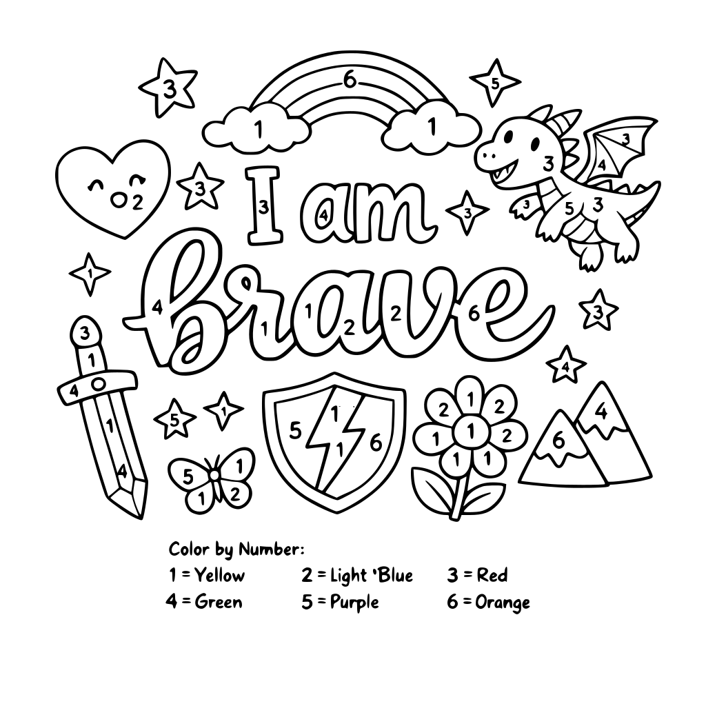 mental health coloring sheet that reads I am brave, add some color by number to it