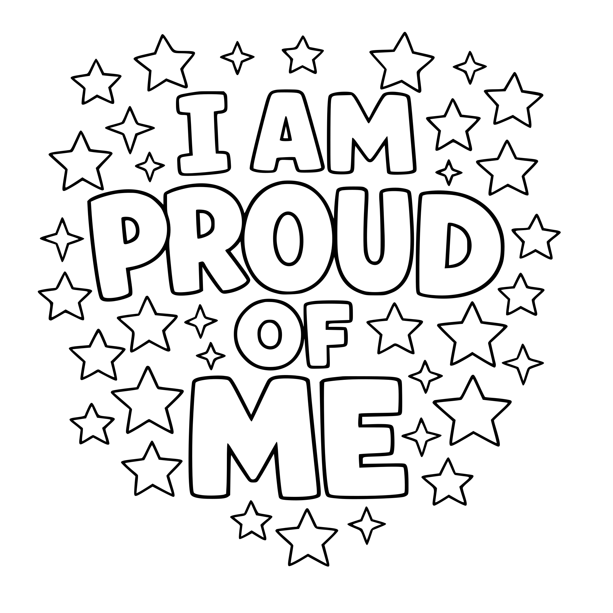 "I AM PROUD OF ME" coloring letters with stars around the letters.