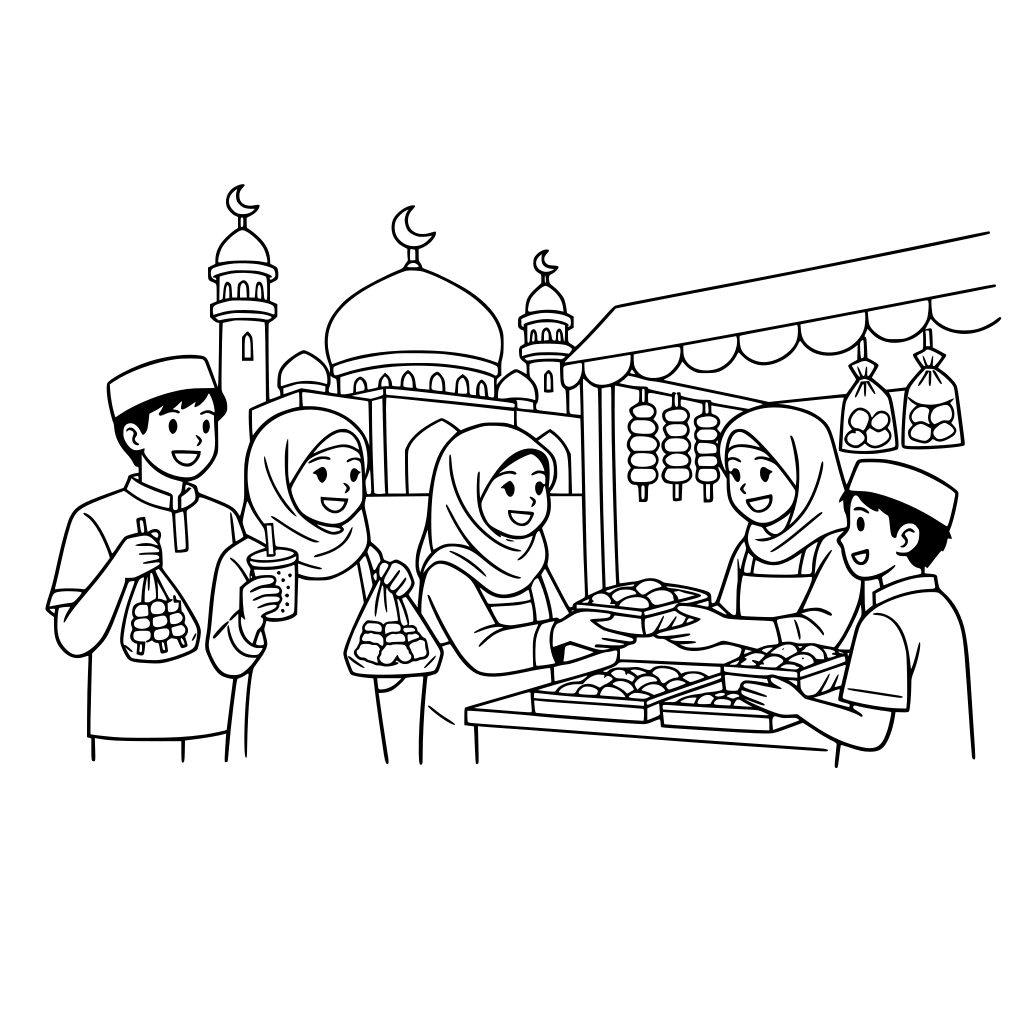 4 orang merayakan ramadhan dengan membeli takjil dengan latar belakang masjid