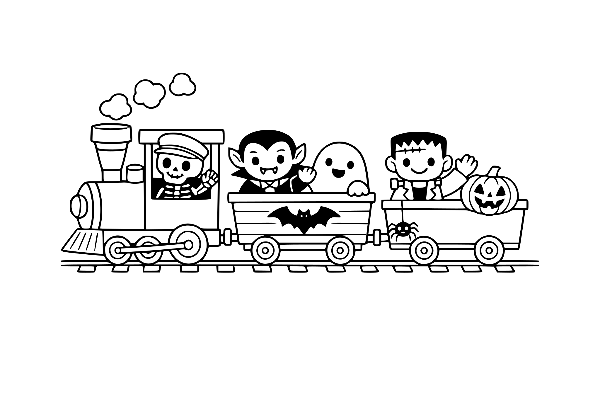Halloween train with monster passengers. minimalist line.