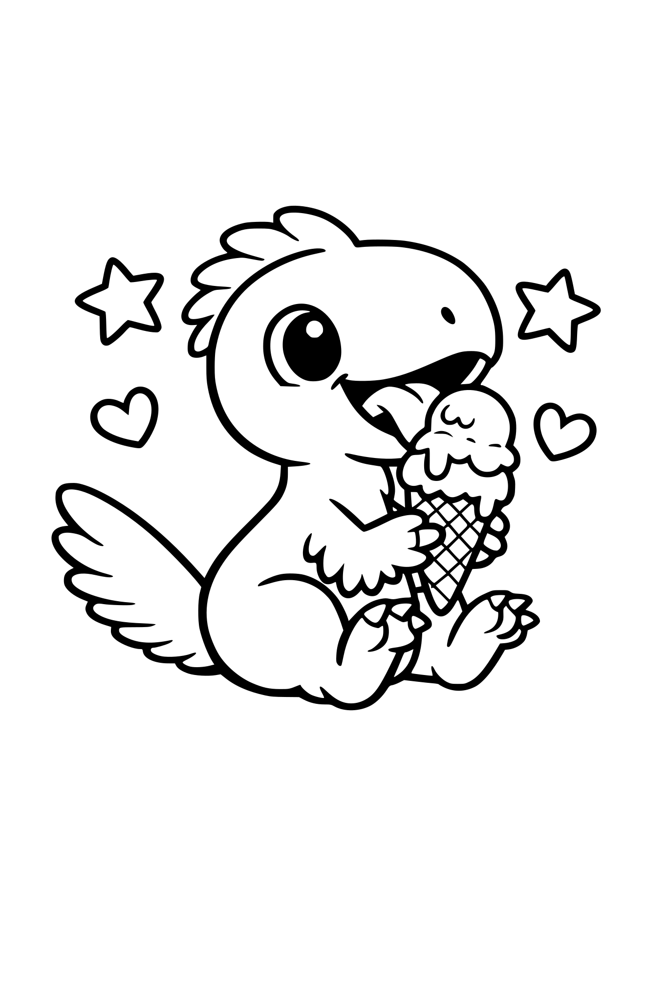 mały słodki, dinozaur - ,maniraptor zjada lody, obrazek dla małych dzieci, bez szczegółów, bez tła