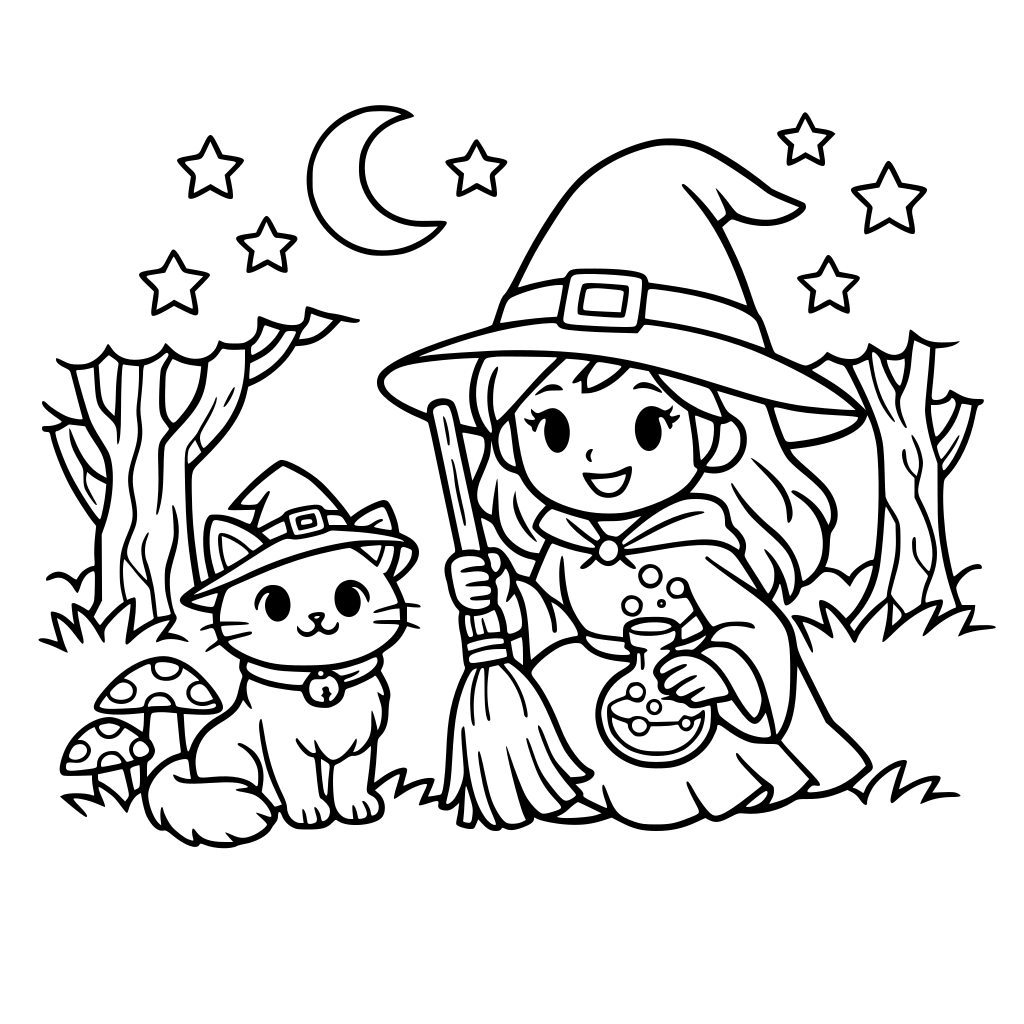 um gato com bruxa em uma floresta