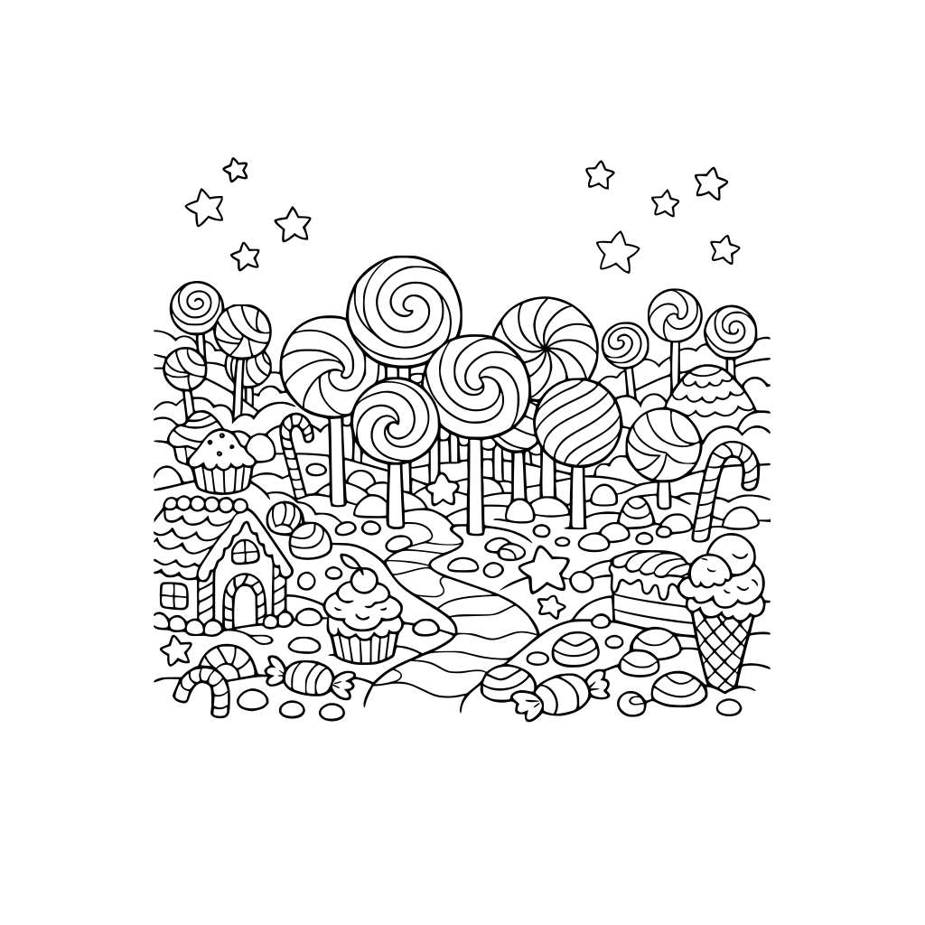 a wide expanse of whimsical candy forest filled with lollipop trees and surrounded by different types of whimsical candies