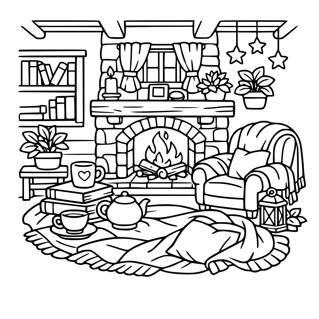 “cozy coloring page, small cottage interior, fireplace, soft blankets, books, tea cups, plants, warm atmosphere, line art, black and white, no shading, thick clean lines”