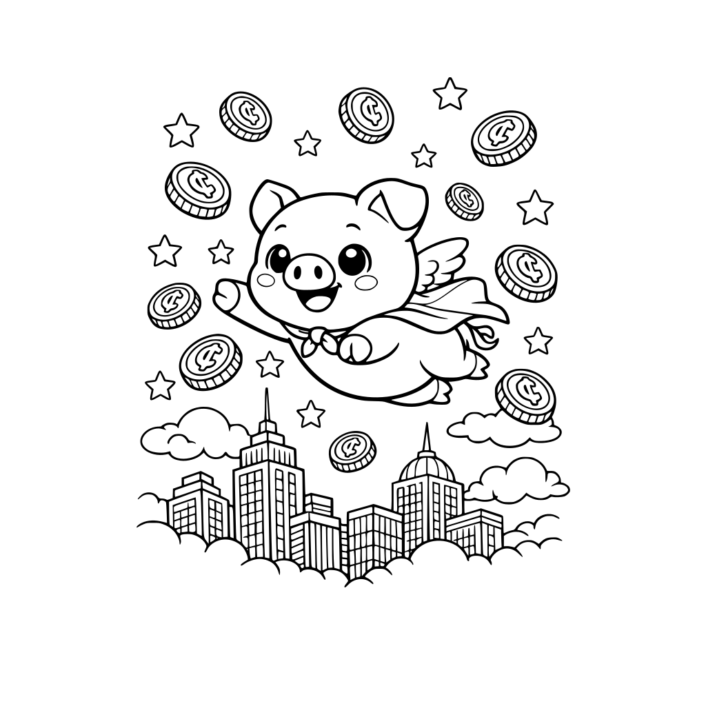 Cute piggy flying through city skyline with coins in the sky