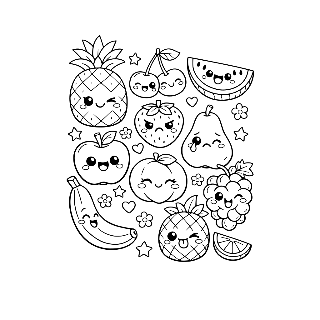 various kawaii fruits with different facial expressions