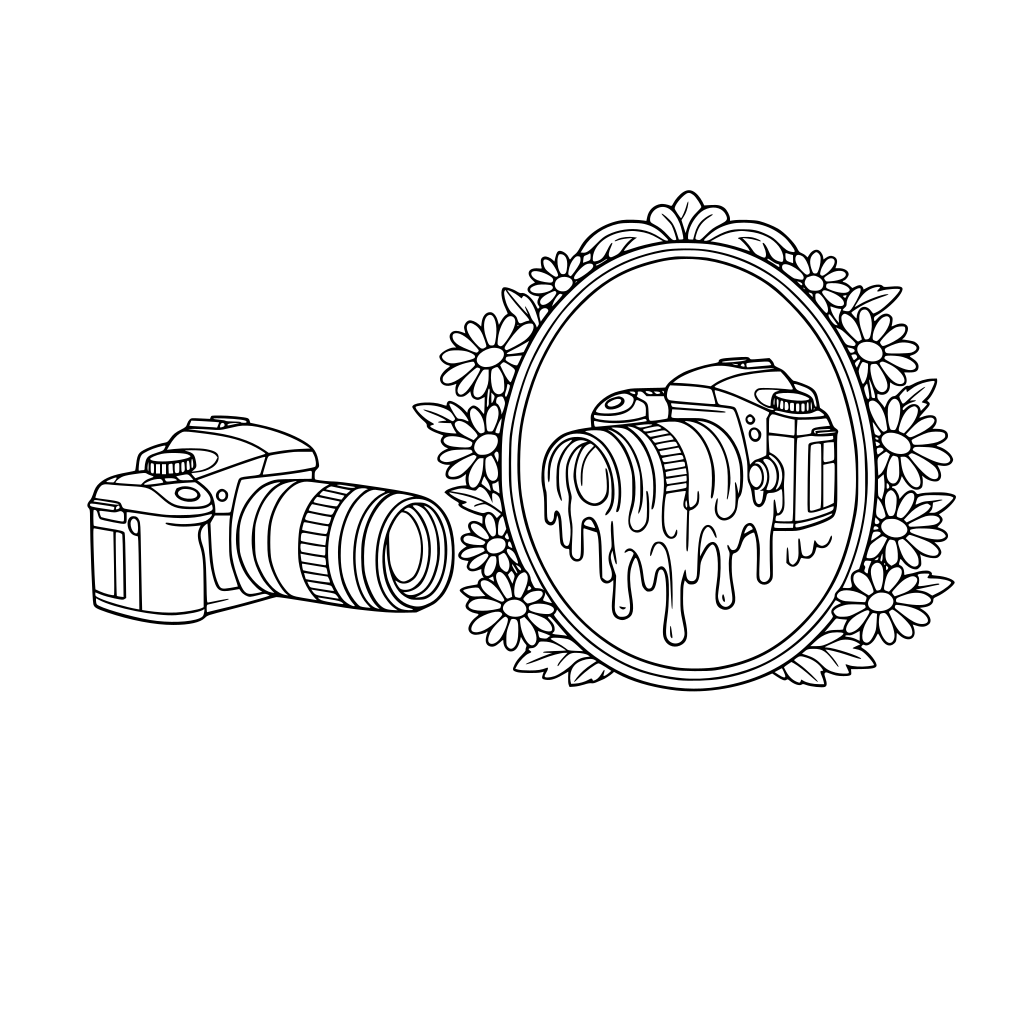 por favor dibuja una cámara fotográfica réflex, reflejándose en un bello espejo rodeado de margaritas, el reflejo se está derritiendo, la cámara y el reflejo que se vean los dos de lado