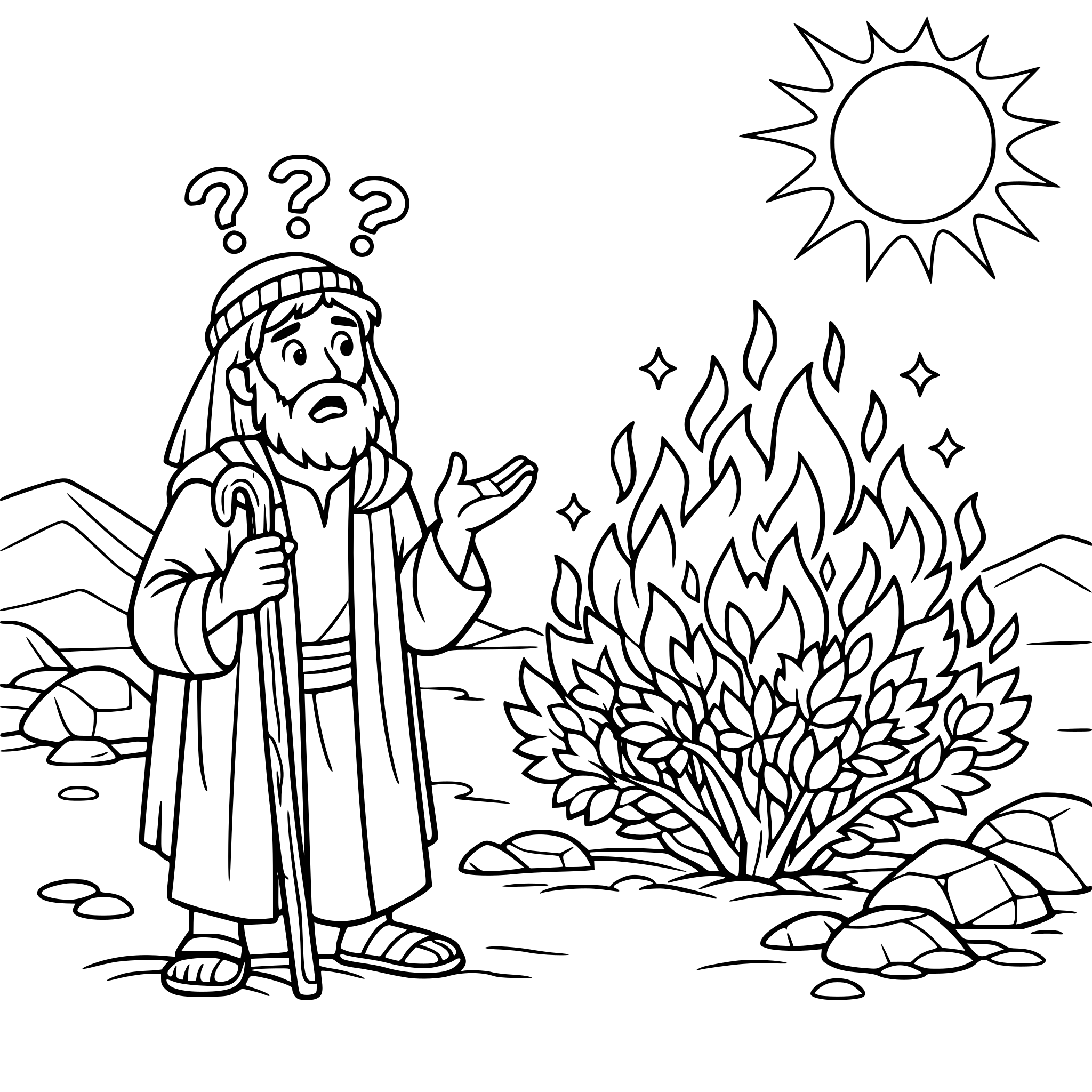 create an image with young adult bible moses standing in front of a bush that is on fire in the desert include rocks and a hot sun. make moses look confused