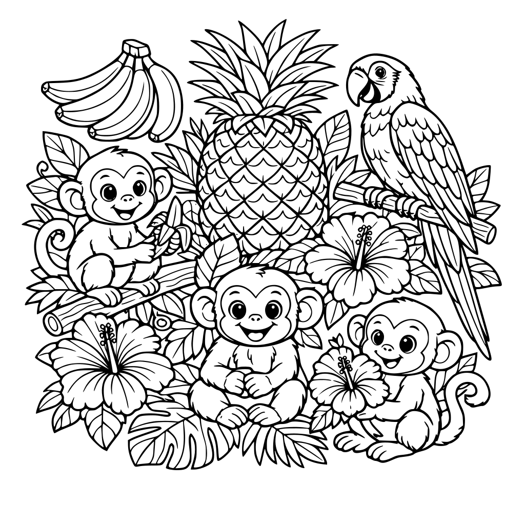 tema latino, quero abacaxi, flor de hibisco, arara azul, banana, macacos fofos e muita plantas