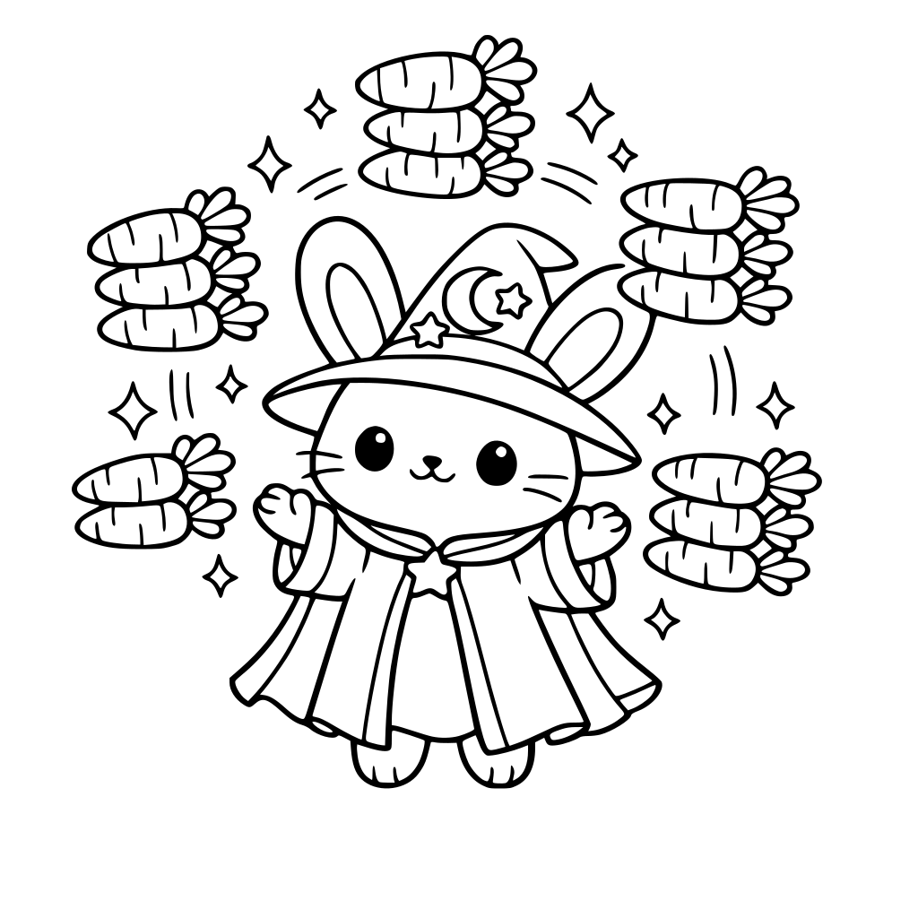 cartoon and kawaii style of bunny in magician robe and hat evitating stacked carrots — carrots arranged like juggling balls.