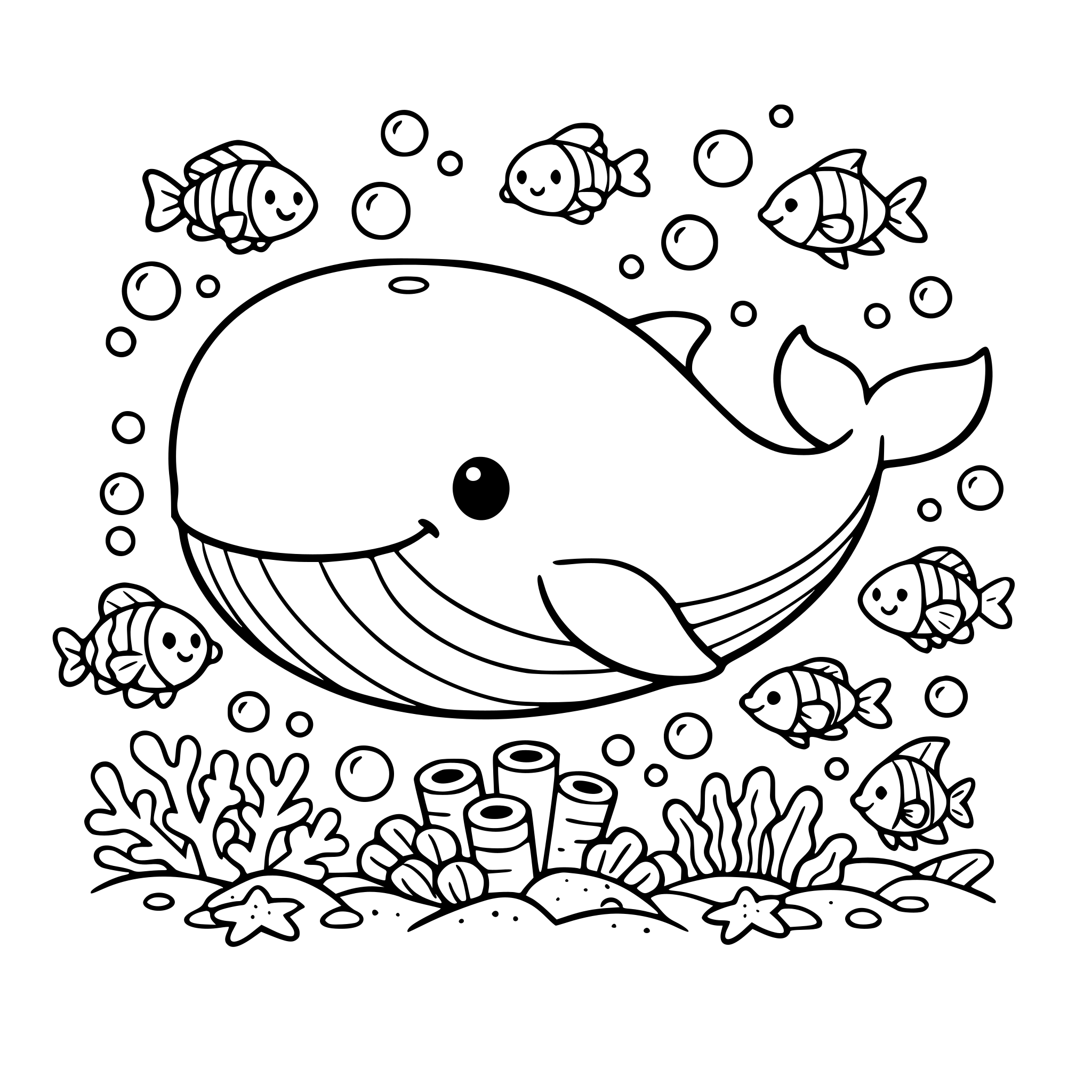 A big whale surrounded by tiny fish friends with background of bubbles and corals